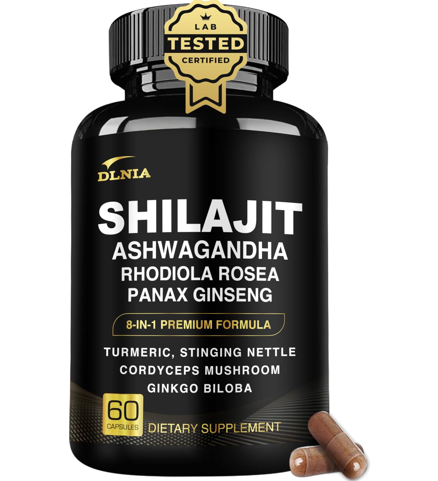 DLNIA 8-in-1 Shilajit for Men & Women with Ashwaganda Himalayan Organic Supplement with Rhodiola Rosea, Ginseng, Turmeric, Mushroom, for Immune Support, Energy, Calm, Focus, Clarity, Sleep, Cortisol - Buy Online on GoSupps.com