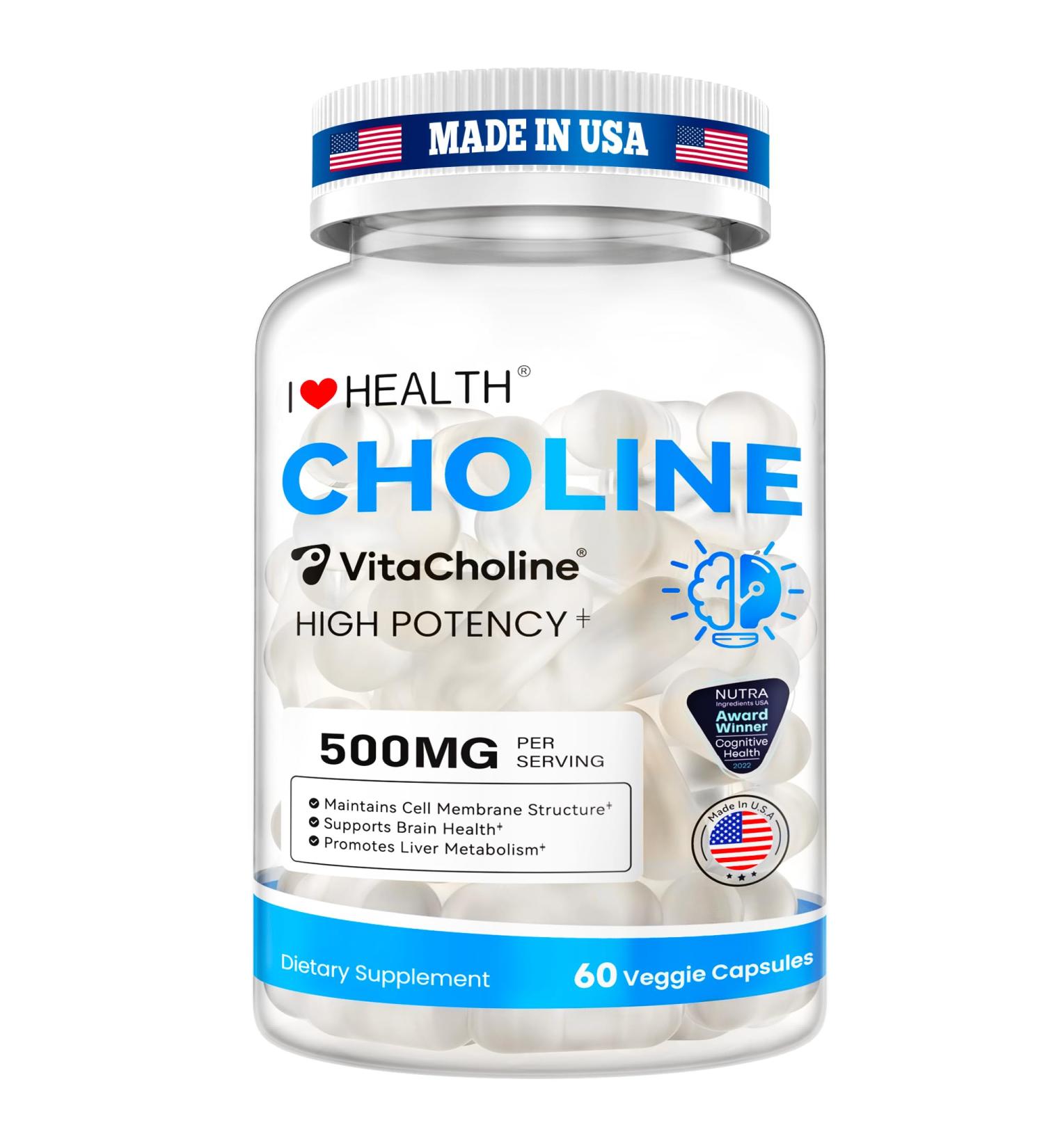 Award Winner -Clinically Dosed 500mg VitaCholine - 60 Caps - Liquid Choline Supplement Support Pregnancy & Baby Brain & Liver Health LDL & HDL Level - Cognitive Health - Made in USA - Buy Online on GoSupps.com