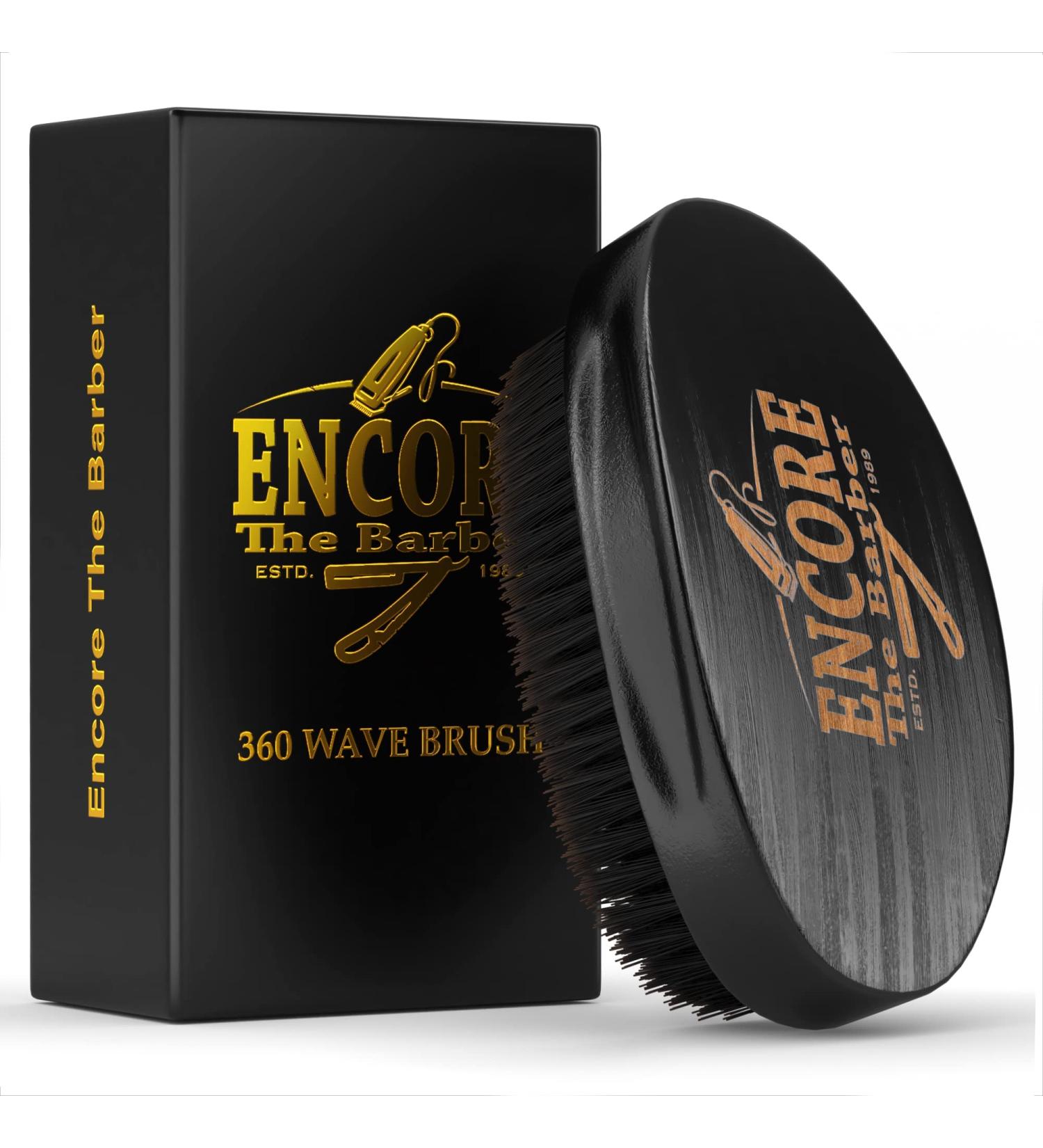 Encore Barber 360 Wave Brush - Medium Boar Bristle | Curved Palm for Men's Hair - Black - Buy Online on GoSupps.com