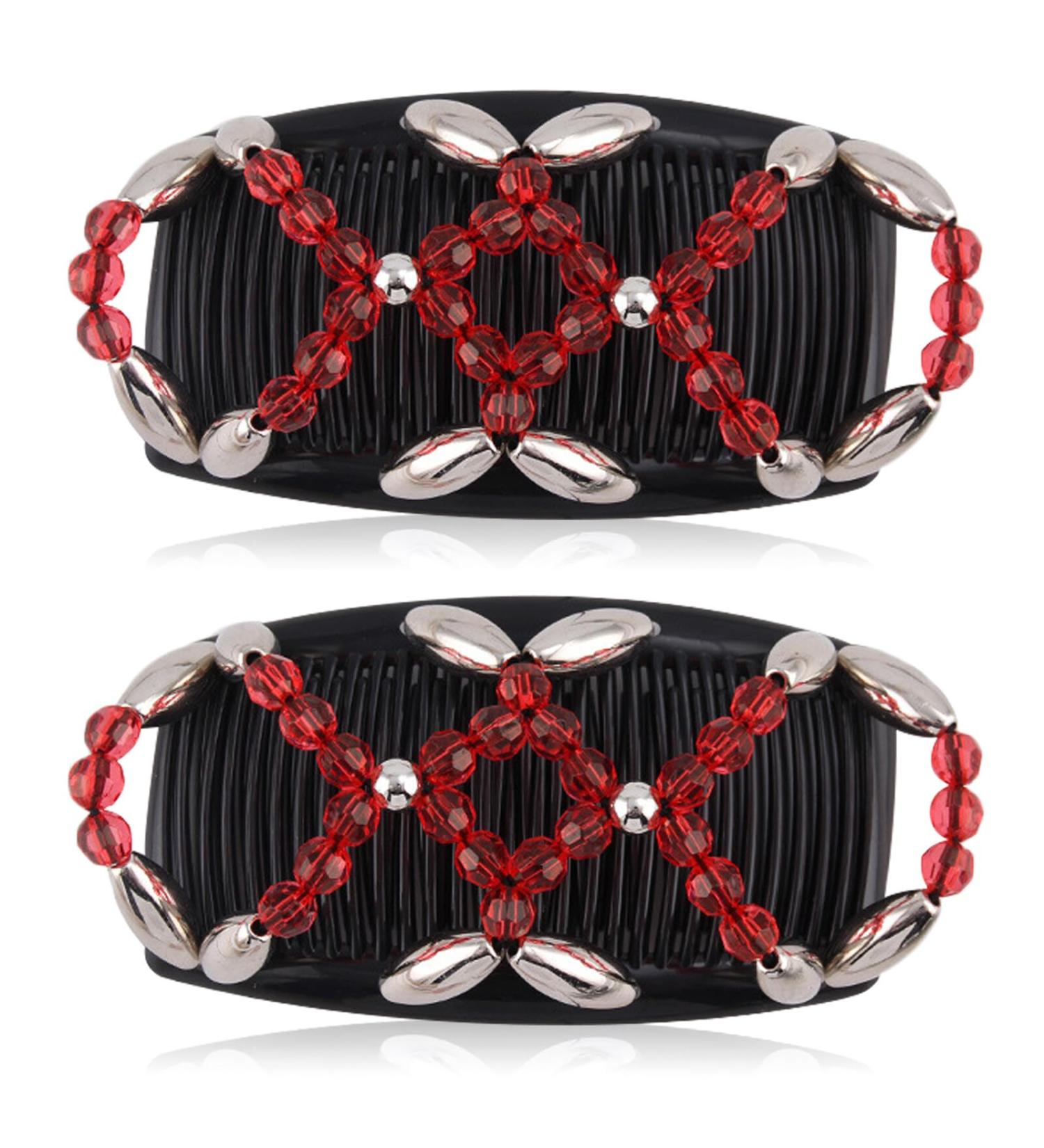 Kytpyi 2-Piece Hair Comb & Clips Set - Stretchy Red Hair Accessories for Thick & Fine Hair Durable Double Comb with Pearls for Women & Girls DIY Hairstyles - Buy Online on GoSupps.com