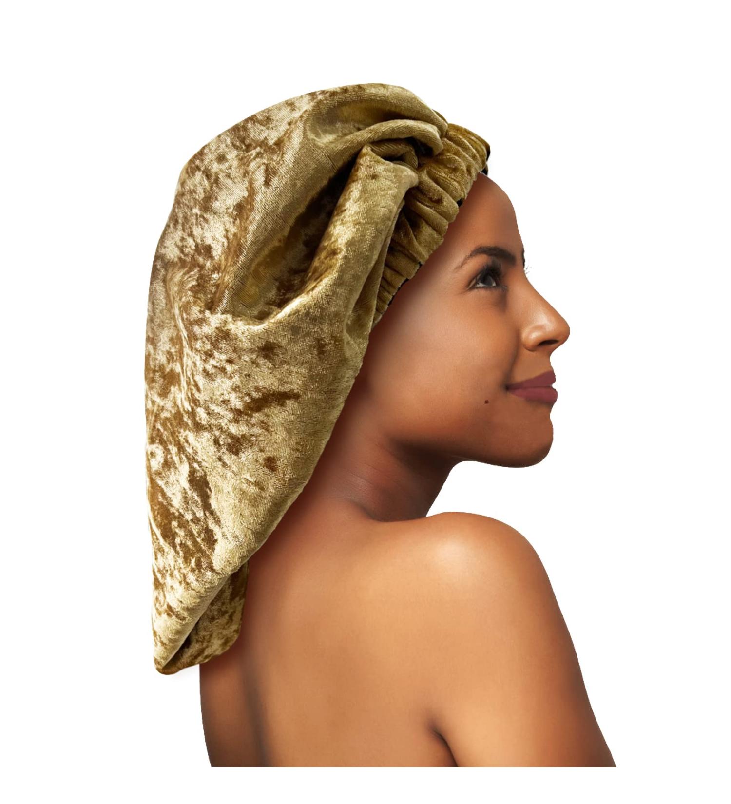 UNCN Large Golden Velvet Bonnet for Curly Hair | Satin Bonnet for Long Braids | Elastic Band Hair Bonnet for Women - Yellow - Buy Online on GoSupps.com