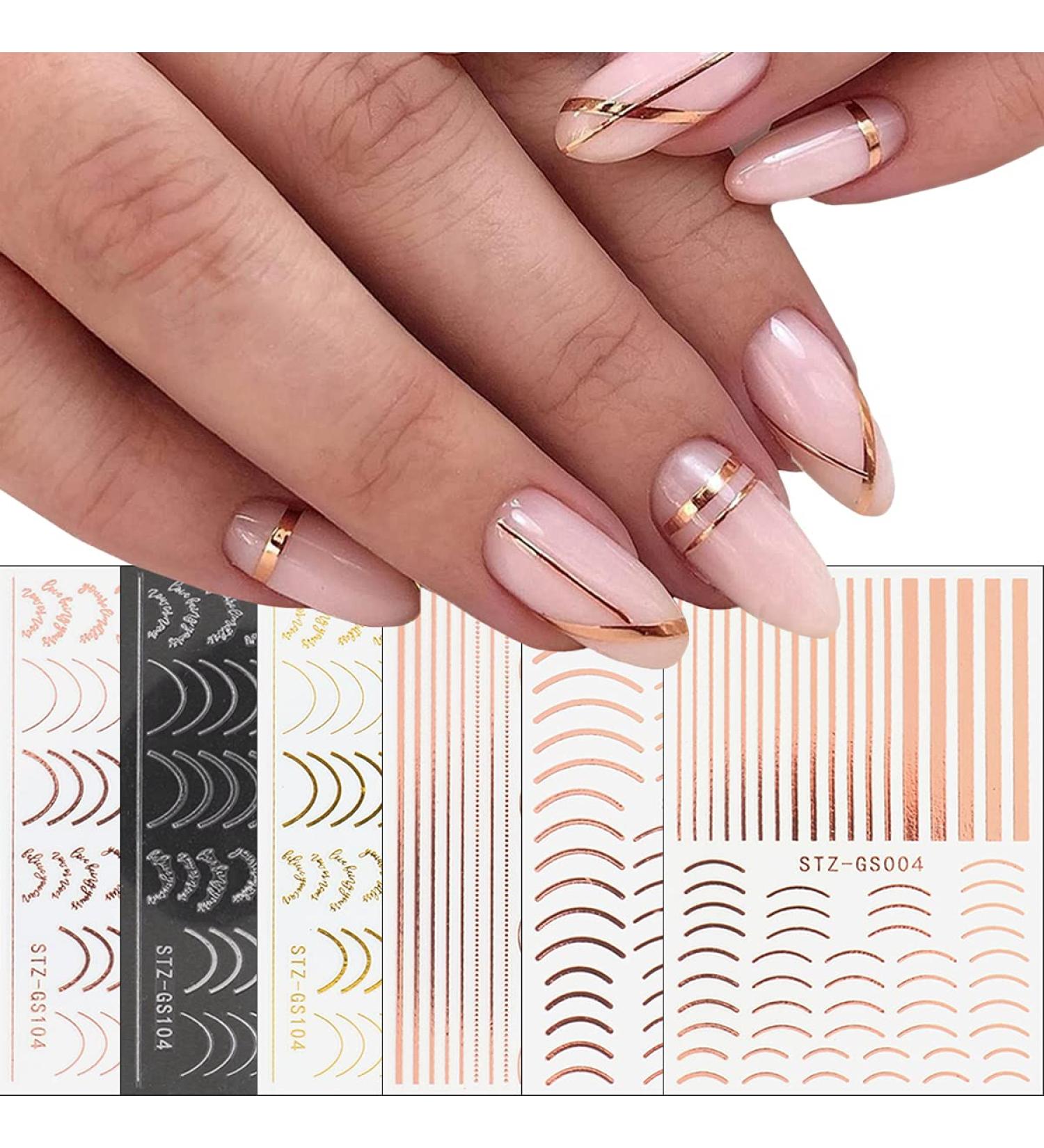 6 Sheet Gold French Fashion Line Nail Art Stickers Decals - Self-Adhesive 3D Nail Decals for Luxury Nail Design and Supply - Buy Online on GoSupps.com