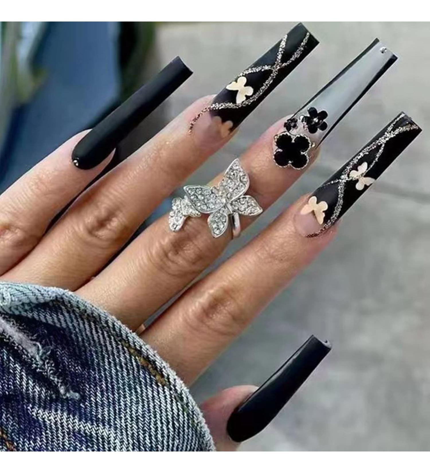 JUSTOTRY 24 Pcs Long Black & Silver Butterfly Press on Nails - French Ballerina False Nails with Floral Designs | Acrylic Coffin Nails for Women - Buy Online on GoSupps.com