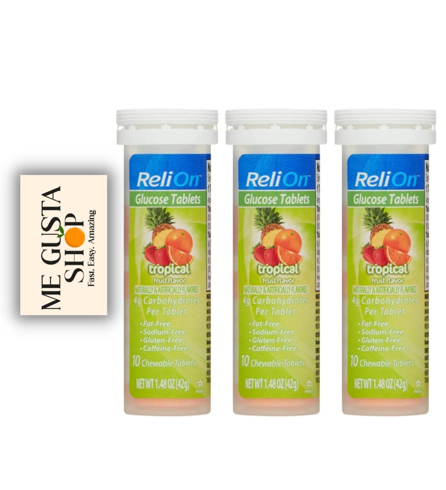 Relion Glucose Tablets Tropical Fruit Flavor 10 Ct 3-Pack with Me Gustas Sticker - 30 Total - Buy Online on GoSupps.com