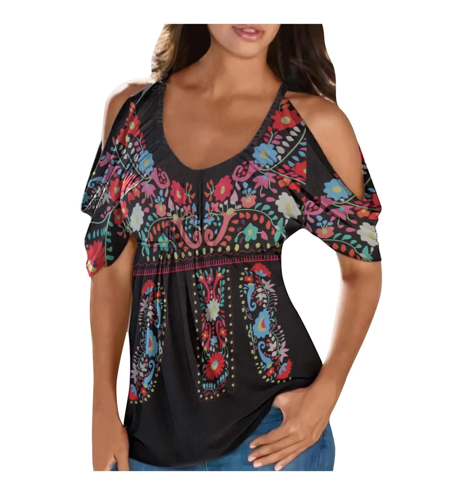Womens Summer Cold Shoulder Top: Aztec Print Ethnic Style Graphic Tee, Black, X-Large - Buy Online on GoSupps.com