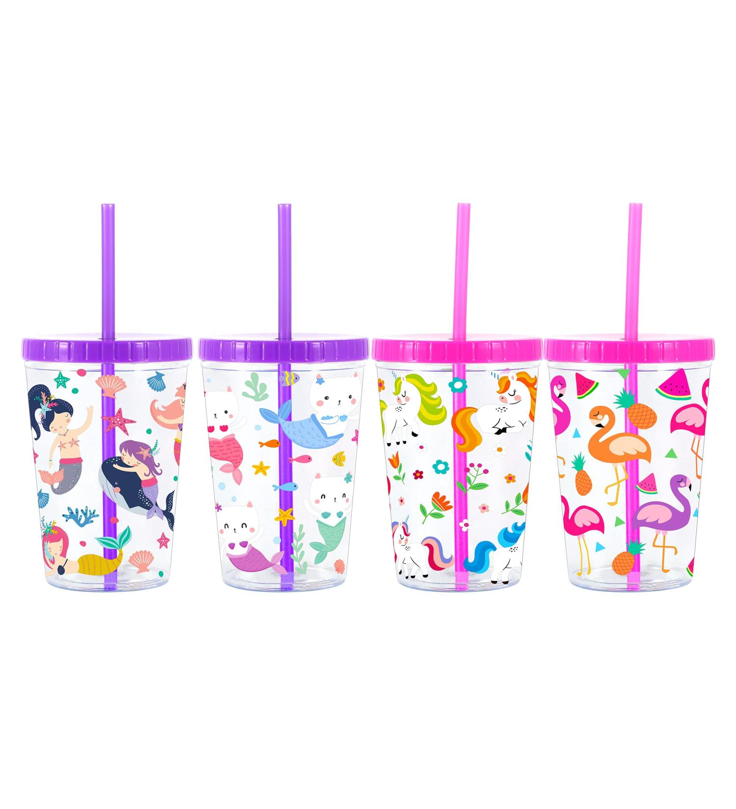 Home Tune 16oz Kids Tumbler Water Drinking Cup 4 Pack - BPA Free, Reusable, Spill-Proof with Cute Designs for Girls & Boys - Flamingo, Kitty, Mermaid, Unicorn - Buy Online on GoSupps.com