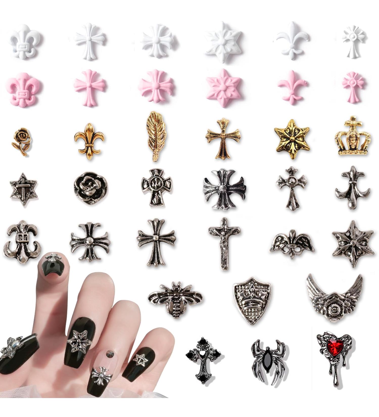 Lofuanna 180 Pcs Cross Nail Charms - 3D Chrome Goth Nail Accessories | 36 Styles Rhinestones & Metal Decorations for Unique Nail Art - Buy Online on GoSupps.com
