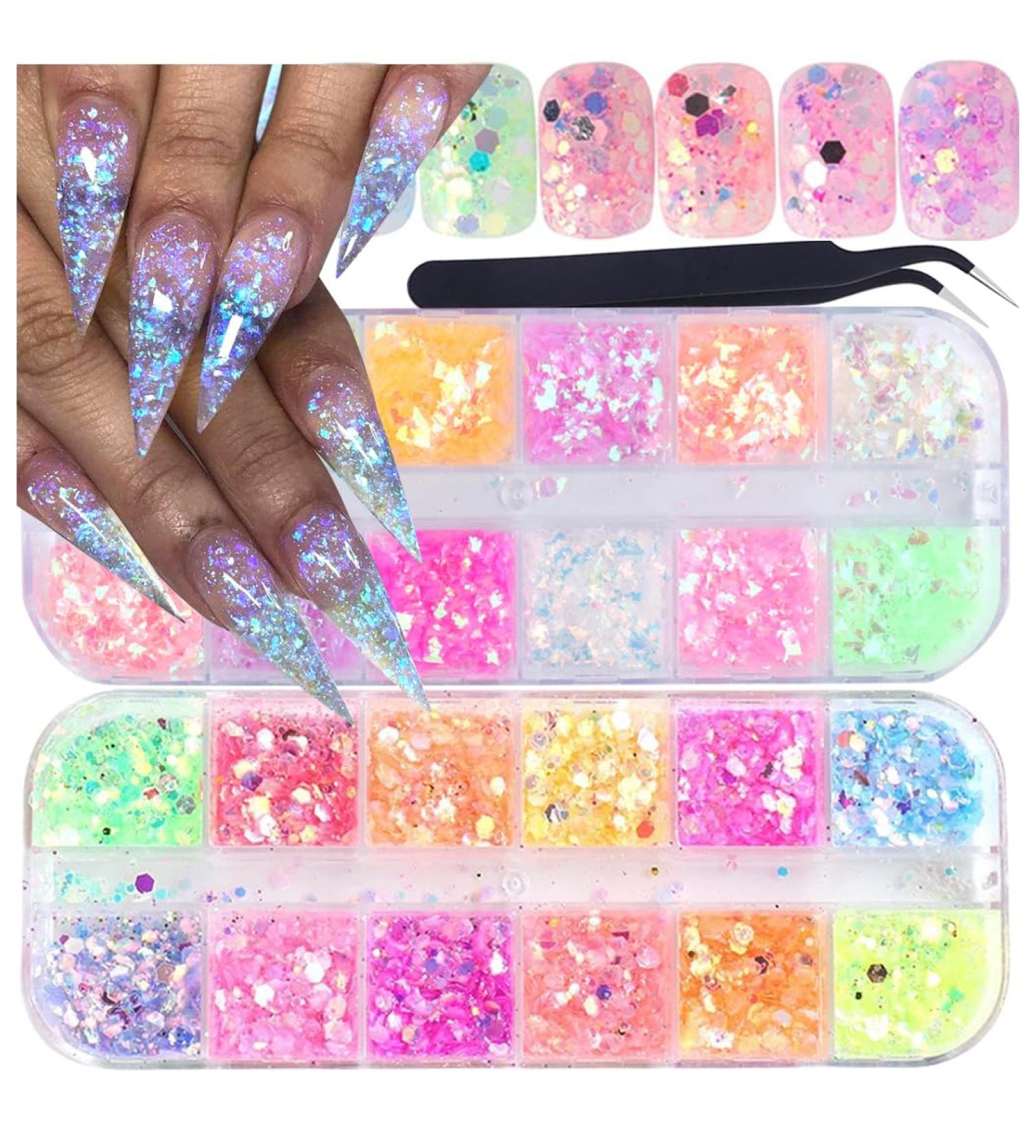 Holographic Nail Art Glitter & Iridescent Flakes - 12 Grids Mermaid Sequins for DIY Nail Design & Decoration | Colorful Fluorescent Supplies - Buy Online on GoSupps.com