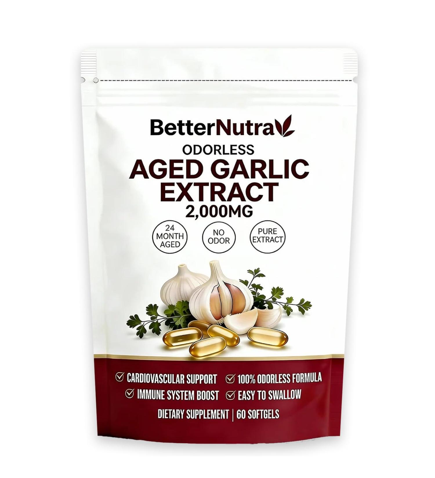 KTWO HEALTH BetterNutra Aged Garlic Extract - 7500mg Odorless Organic Garlic Extract Capsules 60Softgels