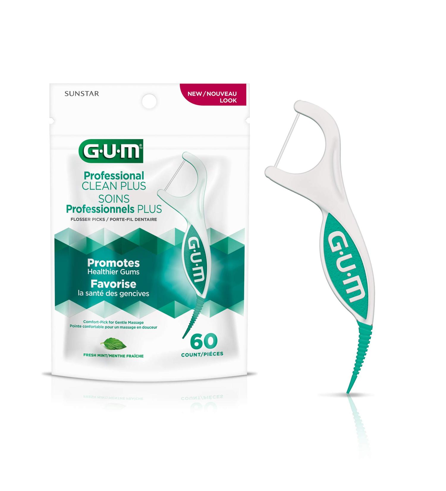GUM Professional Clean Plus Flosser Picks, Promotes Healthier Gums, Comfort-Pick for Gentle Massage, Fresh Mint Flavour, Teal & White, 60 Flossers (1 Bag) - Buy Online on GoSupps.com