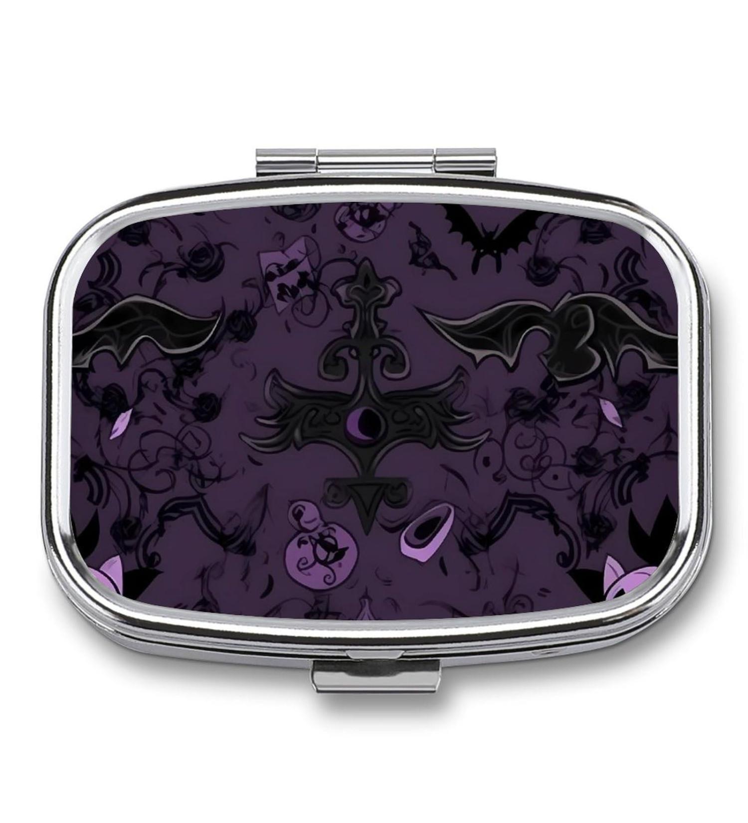 Purple Black Goth Spooky Pill Box | Cute Square Portable Tablet & Vitamin Organizer for Purse - Buy Online on GoSupps.com
