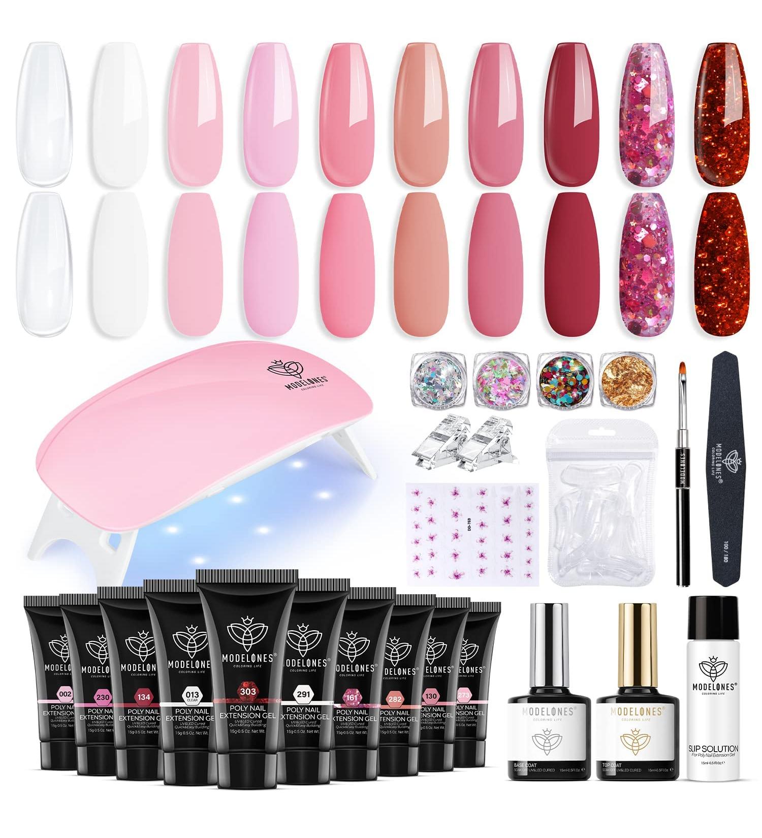 Modelones Poly Extension Gel Nail Kit - 10 Colors with 6W Nail Lamp | All-in-One Poly Builder Nail Gel Set for Women - Buy Online on GoSupps.com