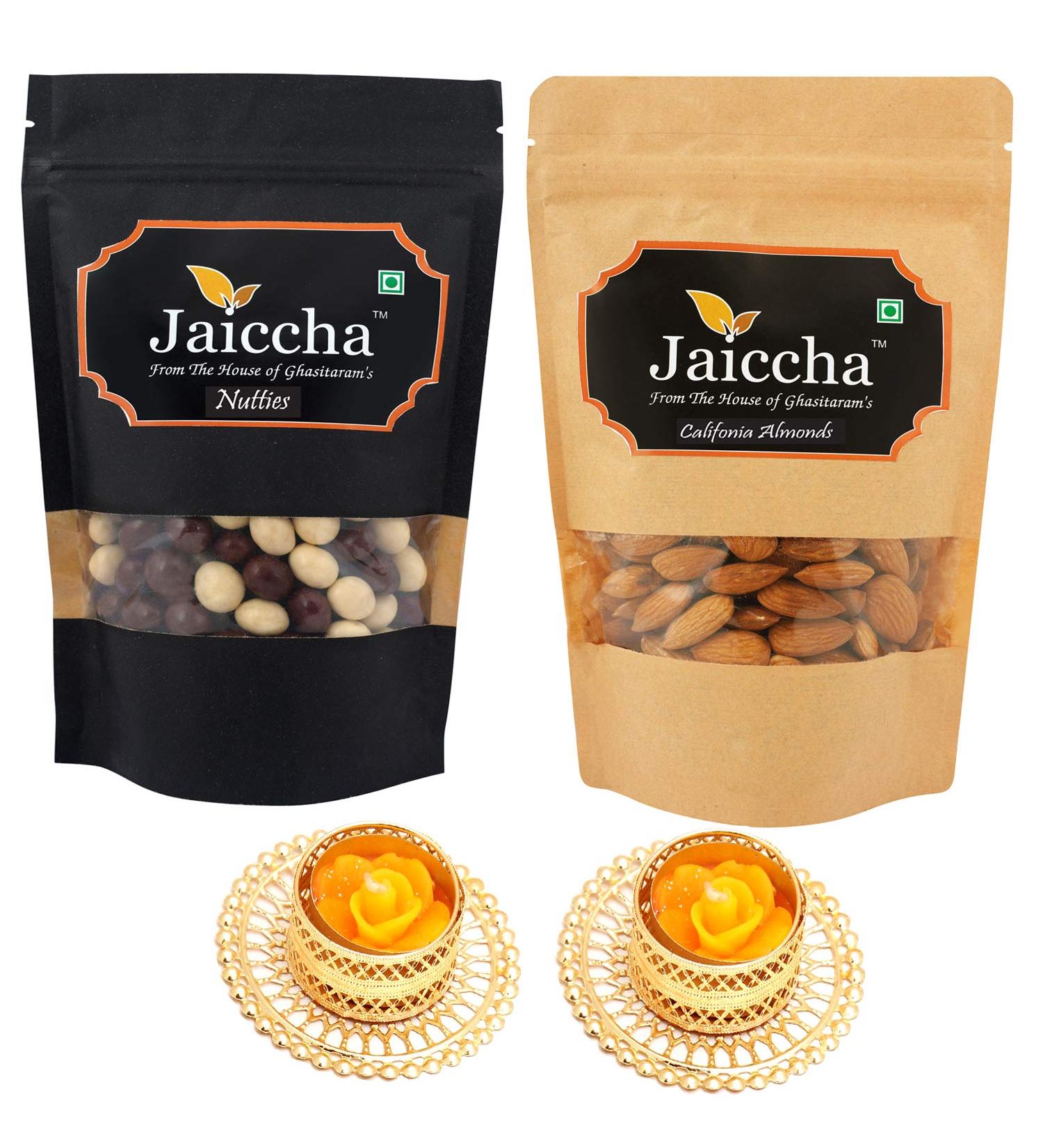 Jaiccha Ghasitaram Diwali Gifts Chocolate - Pack of 2 Nutties and Almond Pouches Small 200 GMS with 2 T-Lites - Buy Online on GoSupps.com