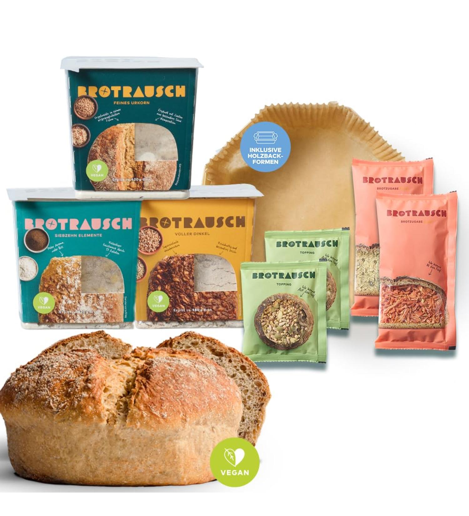 Vegan Bread Baking Mixture Package (3 x 400g) - Includes Baking Pan Dough & Toppings - Whole Grain & Spelled - Buy Online on GoSupps.com