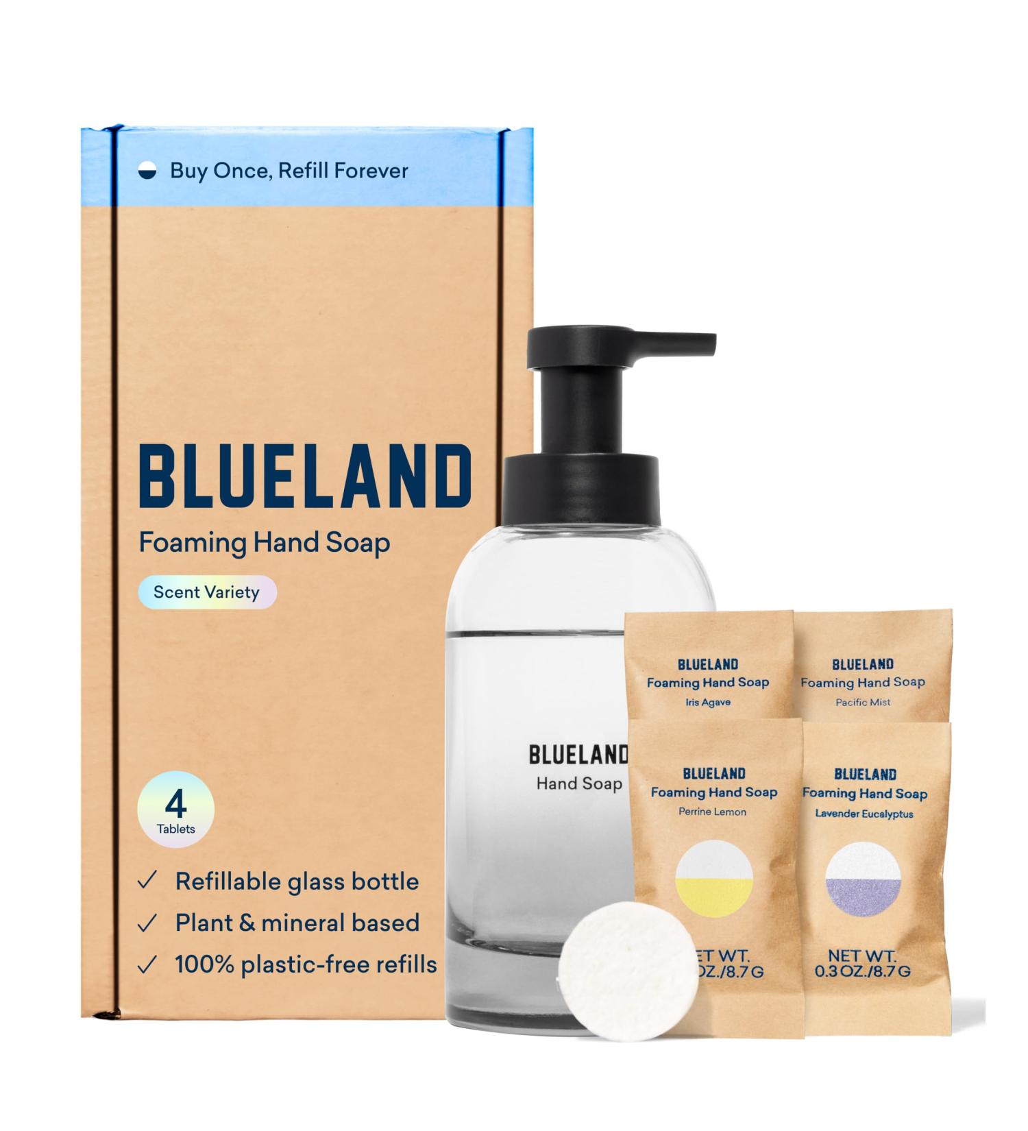 BLUELAND Hand Soap Starter Set 1 Refillable Glass Foaming Hand Soap Dispenser in Slate with 4 Refill Tablets Variety Scents 4 x 9 Fl oz Slate Starter Set | Variety - Buy Online on GoSupps.com
