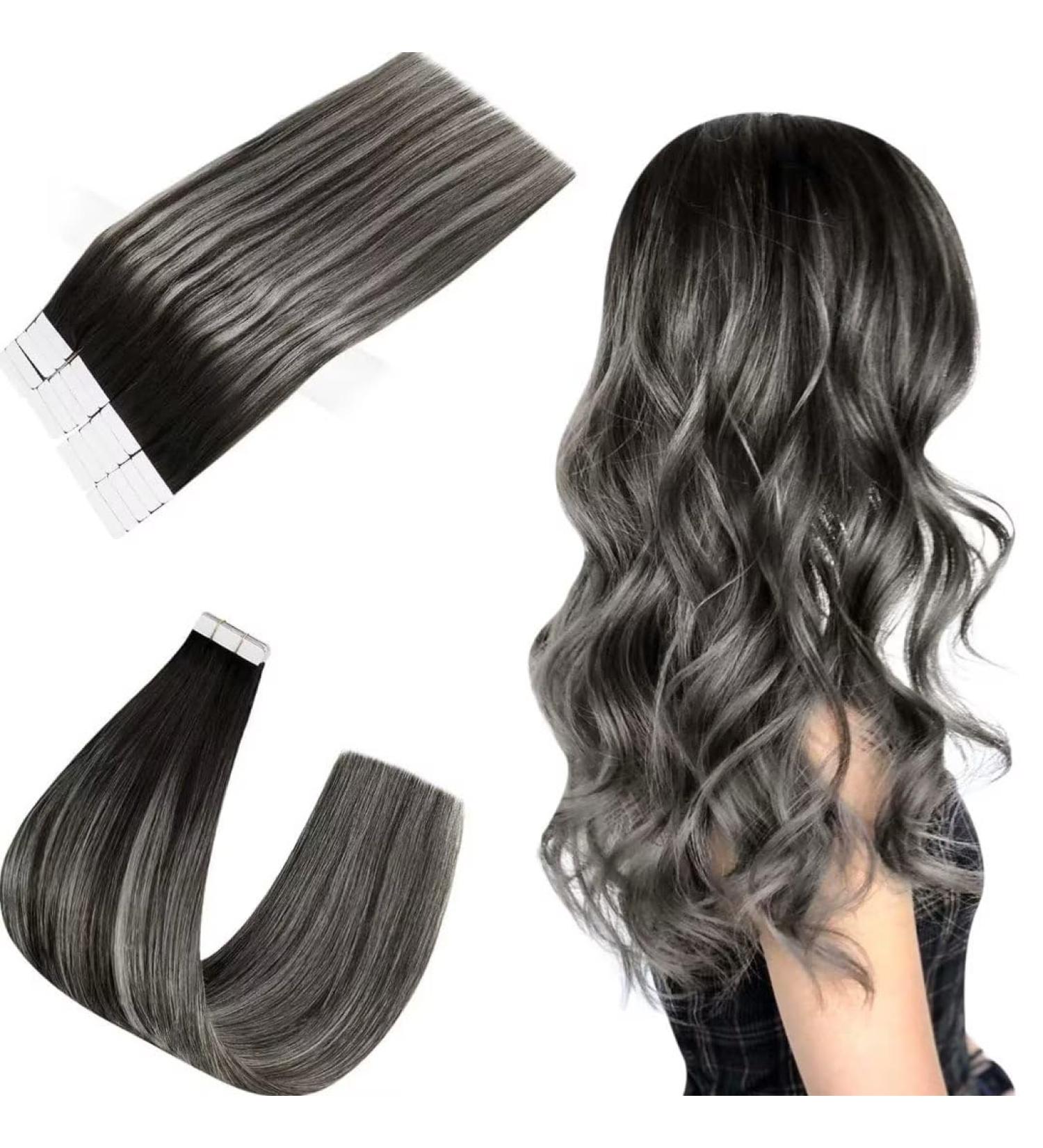 Easyouth Ombre Tape in Hair Extensions Real Human Hair Balayage Black to Silver Remy 22 Inch 50g 20Pcs - #1B/Silver/1B - Buy Online on GoSupps.com