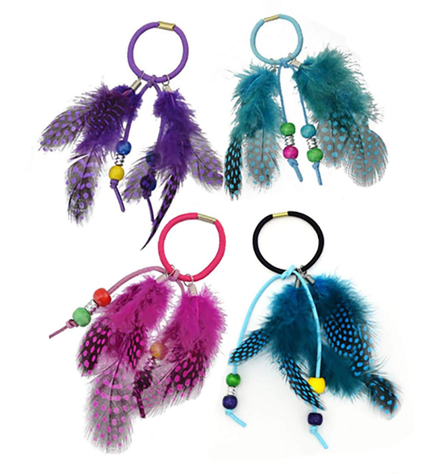 Set of 4 Handmade Boho Elastics Feather Hair Rope Ponytail Holders Hippie Hair Band Headbands Head Wrap Gypsy Hair Tie for Girl Women (Colour Random) - Buy Online on GoSupps.com
