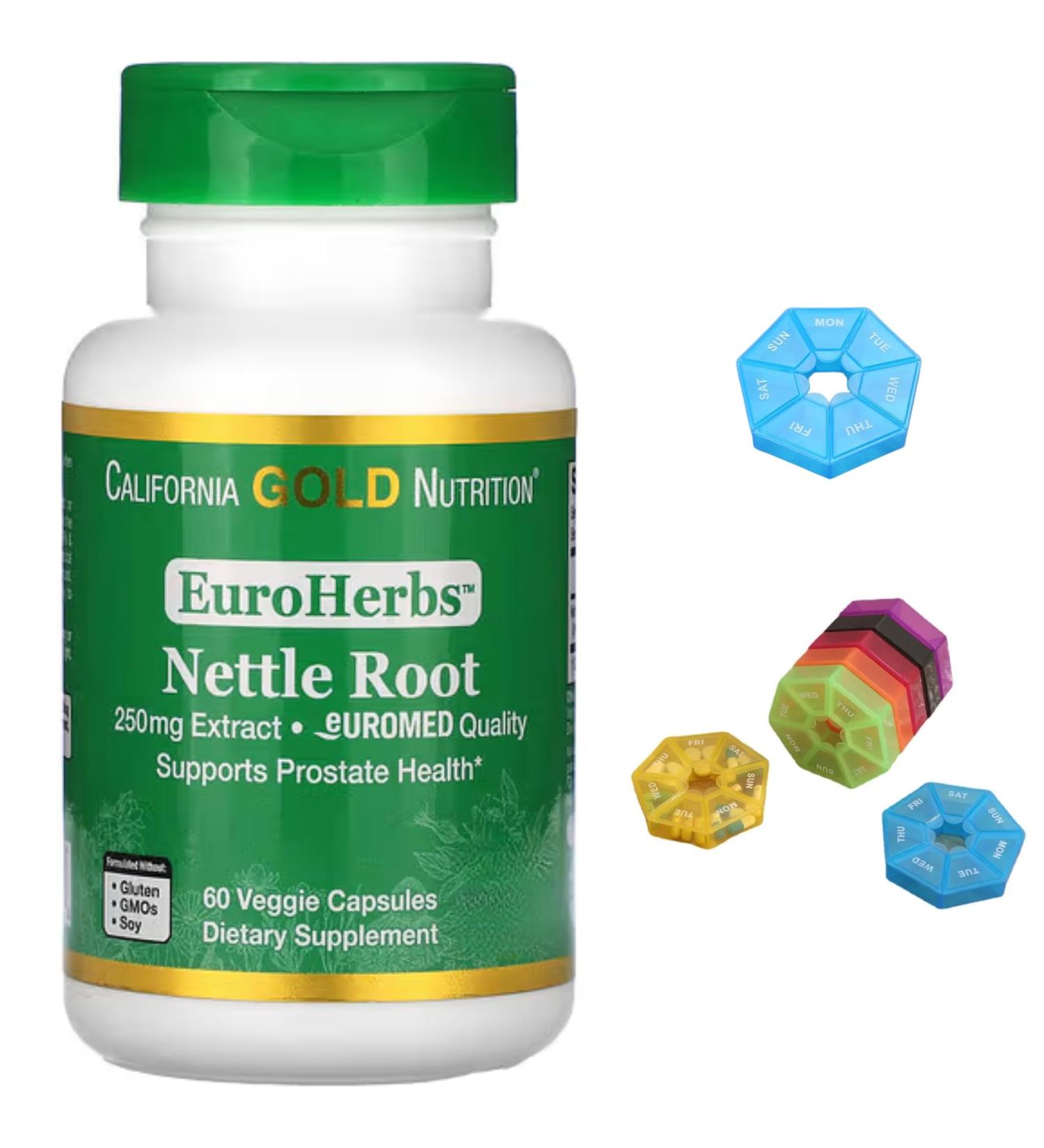 EuroHerbs Nettle Root Extract Compatible With California Gold Nutrition Euromed Quality 250 mg 60 Veggie Capsules + Bonus Pill Organizer Weekly Pill Organizer Mini - Buy Online on GoSupps.com