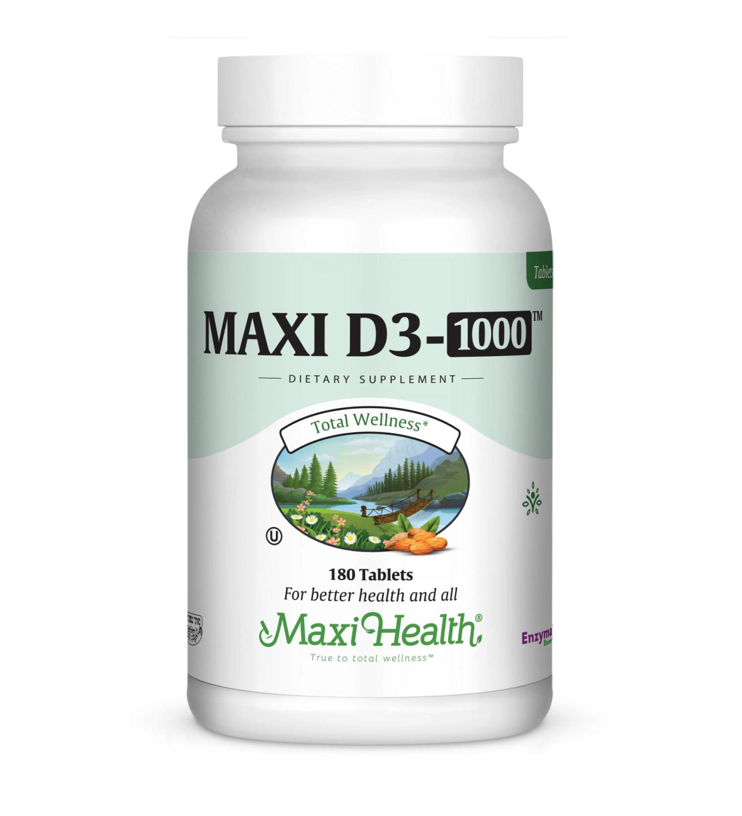 Maxi Health Vitamin D3 1000 IU Dietary Supplement - Easy to Swallow - Odorless & Tasteless - Supports Calcium Absorption Immune Health and Bone Health in Adult Women & Men - 180 Tablets Tablet 180 Count (Pack of 1)