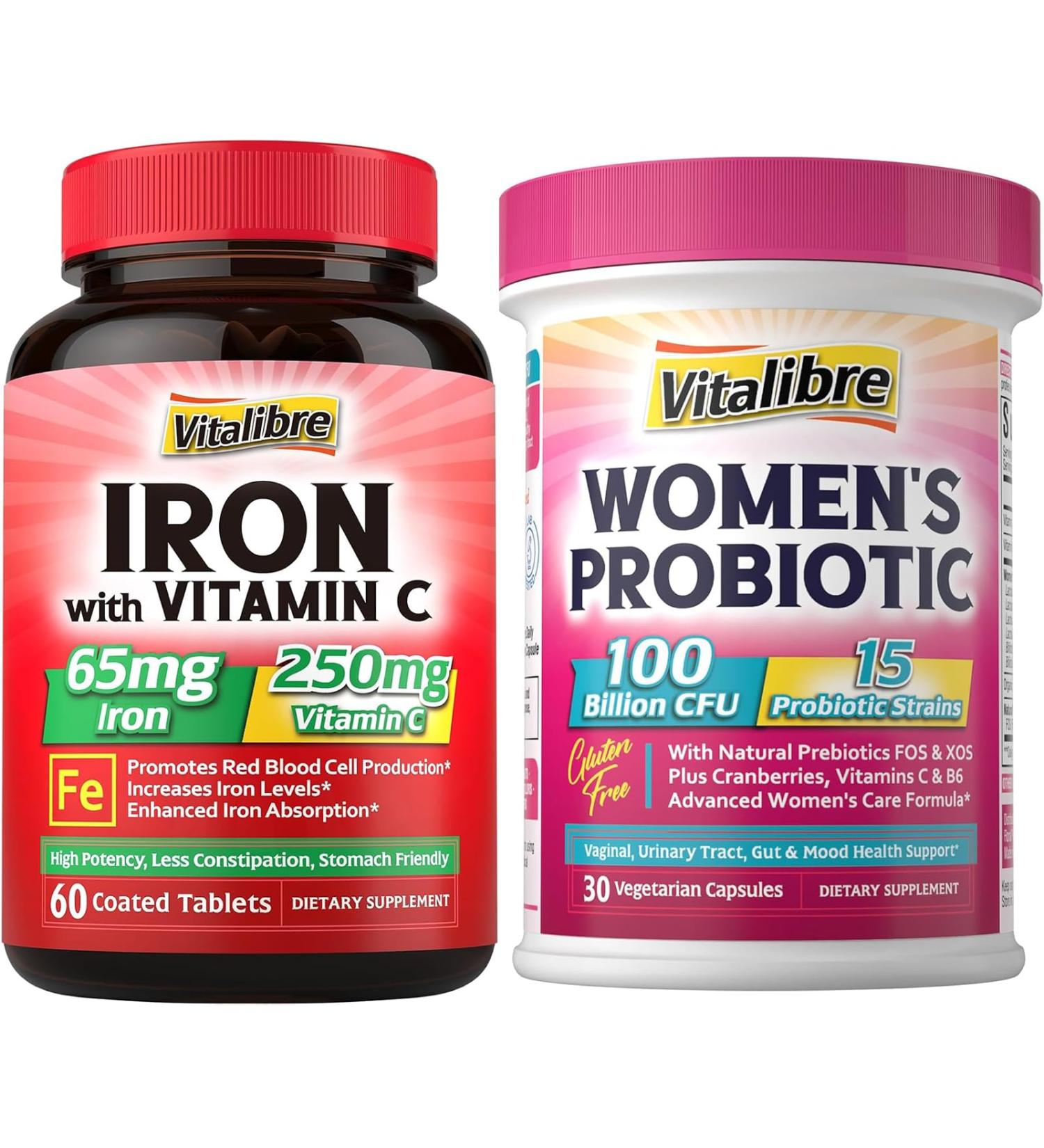 Iron Supplement 65mg Carbonyl Iron with 250mg Vitamin C + Vitalibre Women's Probiotics 100 Billion CFU 15 Strains w/Prebiotic Cranberry Vitamin B6 & VC - Buy Online on GoSupps.com