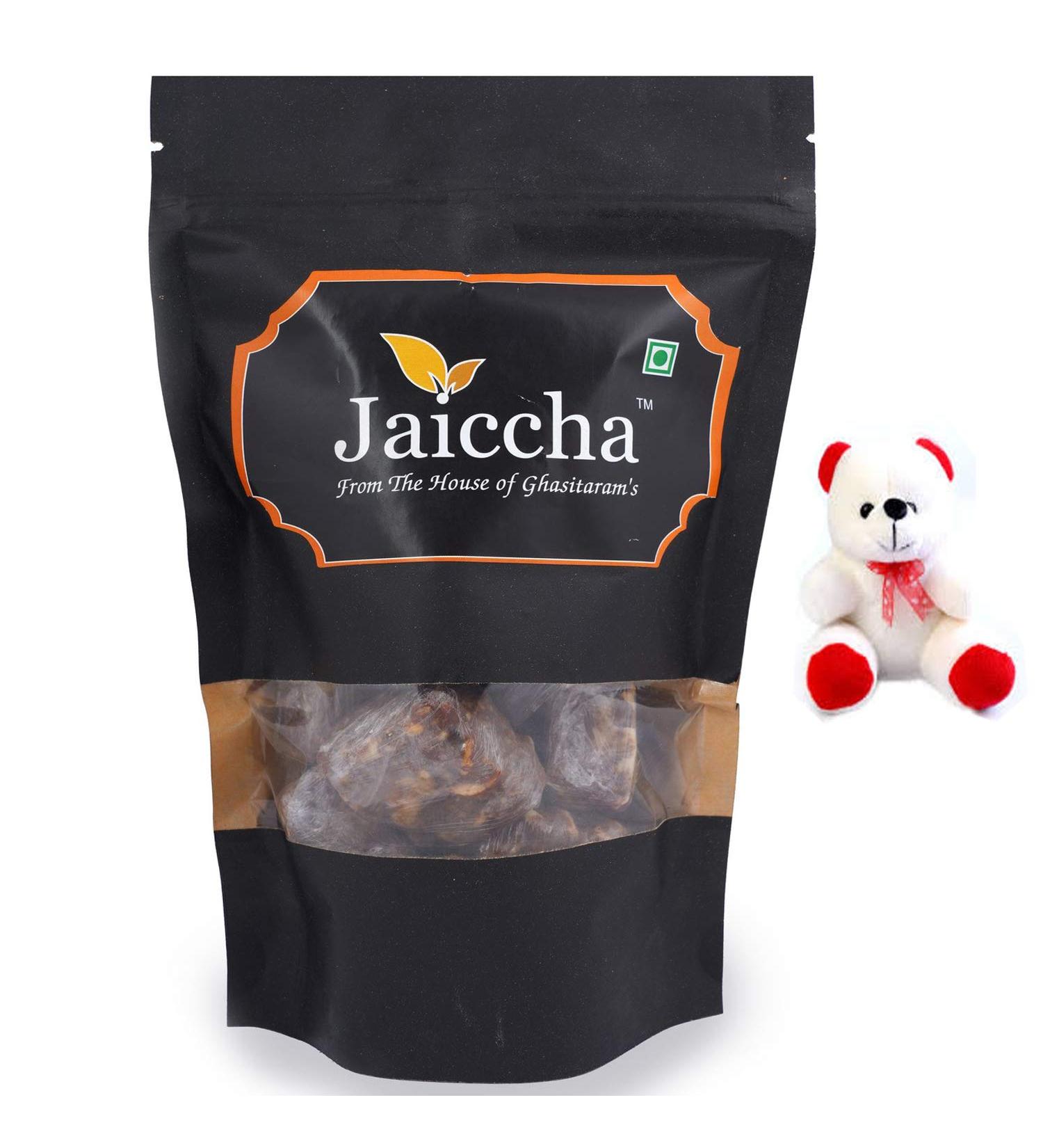 Jaiccha Ghasitaram Valentine Gifts - Valentine Sweets Choco Crunchy Dryfruit Bites in a Black Pouch and a Teddy - Buy Online on GoSupps.com