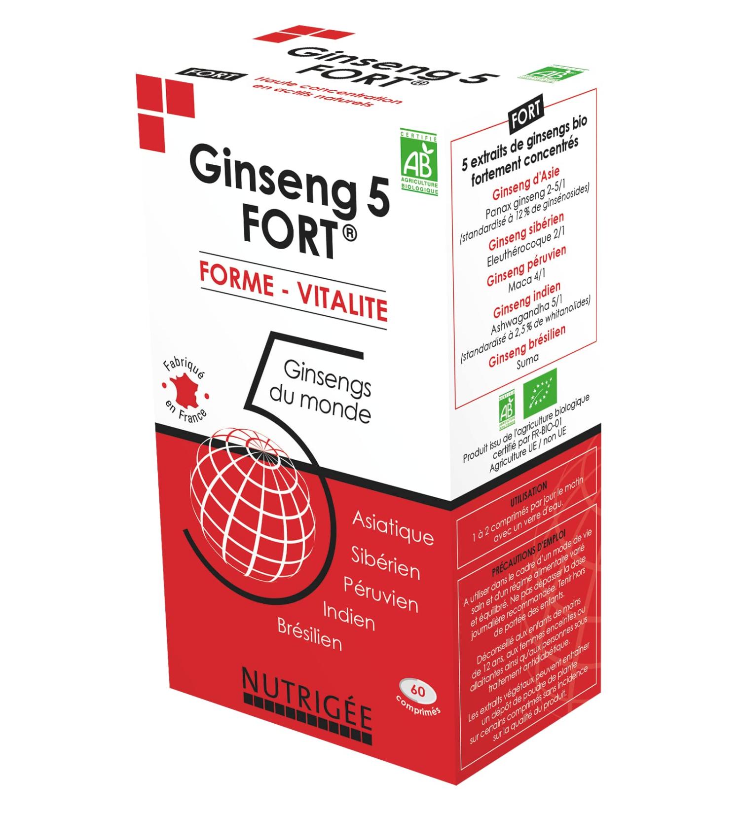 NUTRIG E - Ginseng 5 Strong - Fitness & Vitality - Reduces Fatigue Strengthens Natural Defenses Fights Different Stresses - 1 to 2 Takes/Day - 60 Tablets - 30/60 Days - Made in France - Buy Online on GoSupps.com