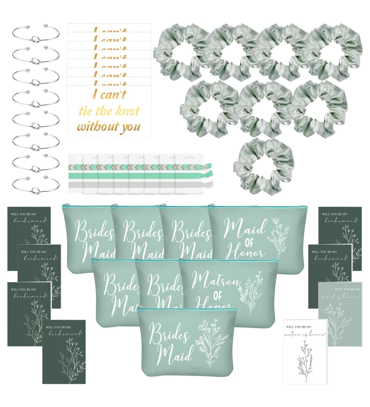 Cunno 48 Pcs Bridesmaid Proposal Set | Maid of Honor Gifts | Bridal Shower Makeup Bags, Scrunchies, Hair Bracelets & Invitation Cards in Green - Buy Online on GoSupps.com