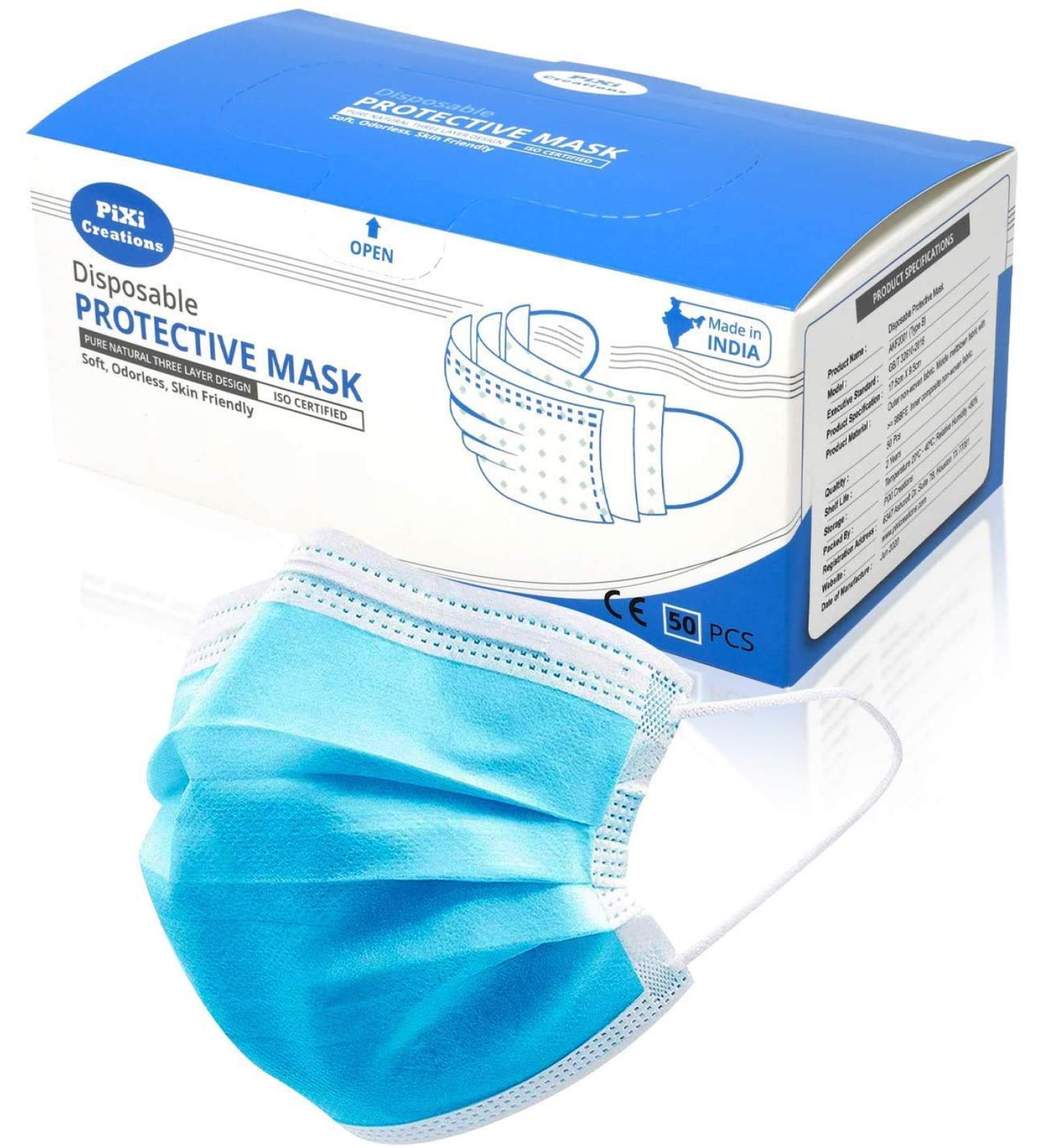 50pcs Disposable Hypoallergenic Face Masks with Elastic Earloops - Blue/White by PIXI Creations - Buy Online on GoSupps.com