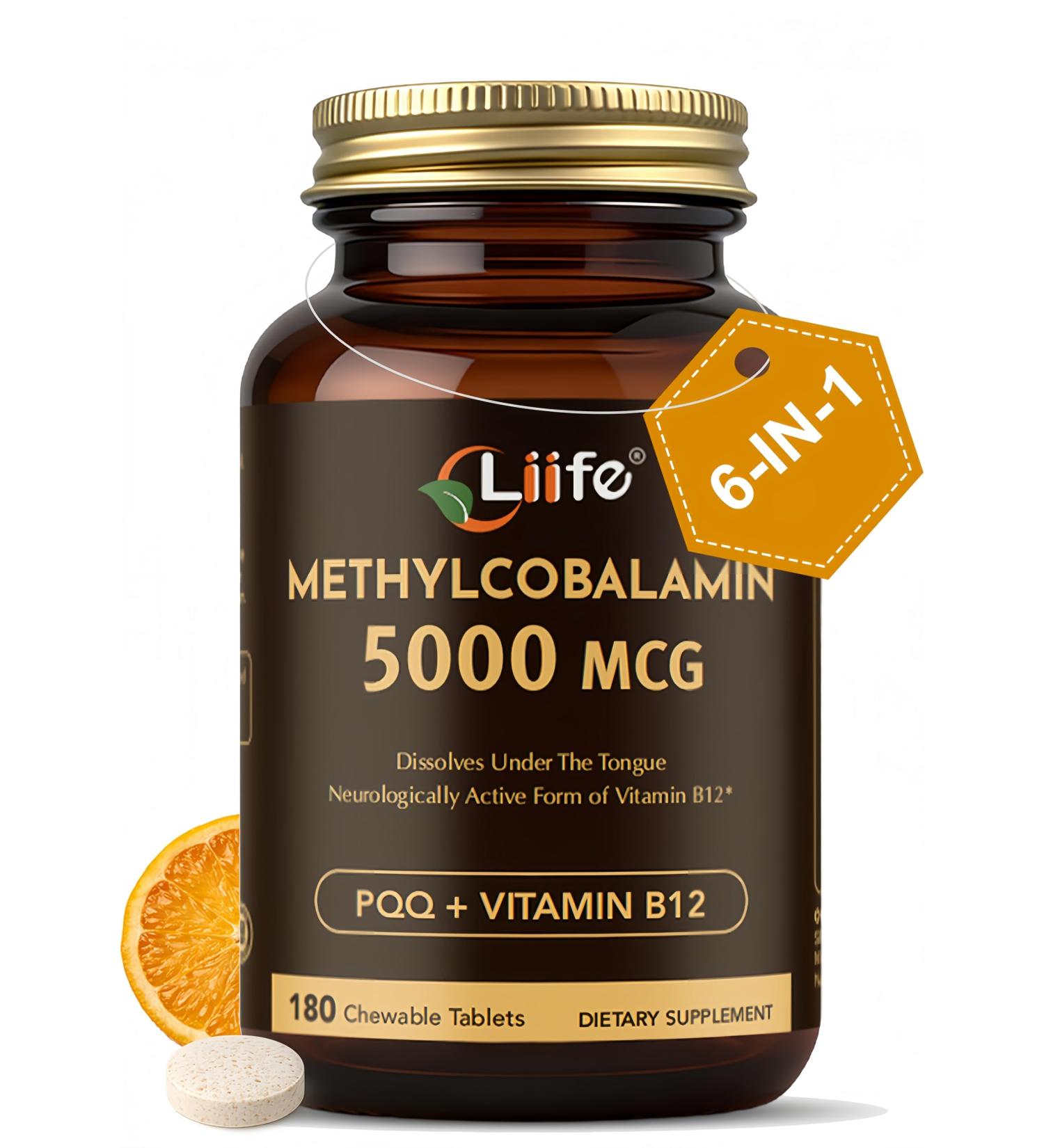 LIIFE Vitamin B12(Active Methylcobalamin) 5000 mcg | 6-in-1 Formula | Energy Support | Brain & Nervous System Health | 180 Chewable Tablets | Gluten Free - Buy Online on GoSupps.com