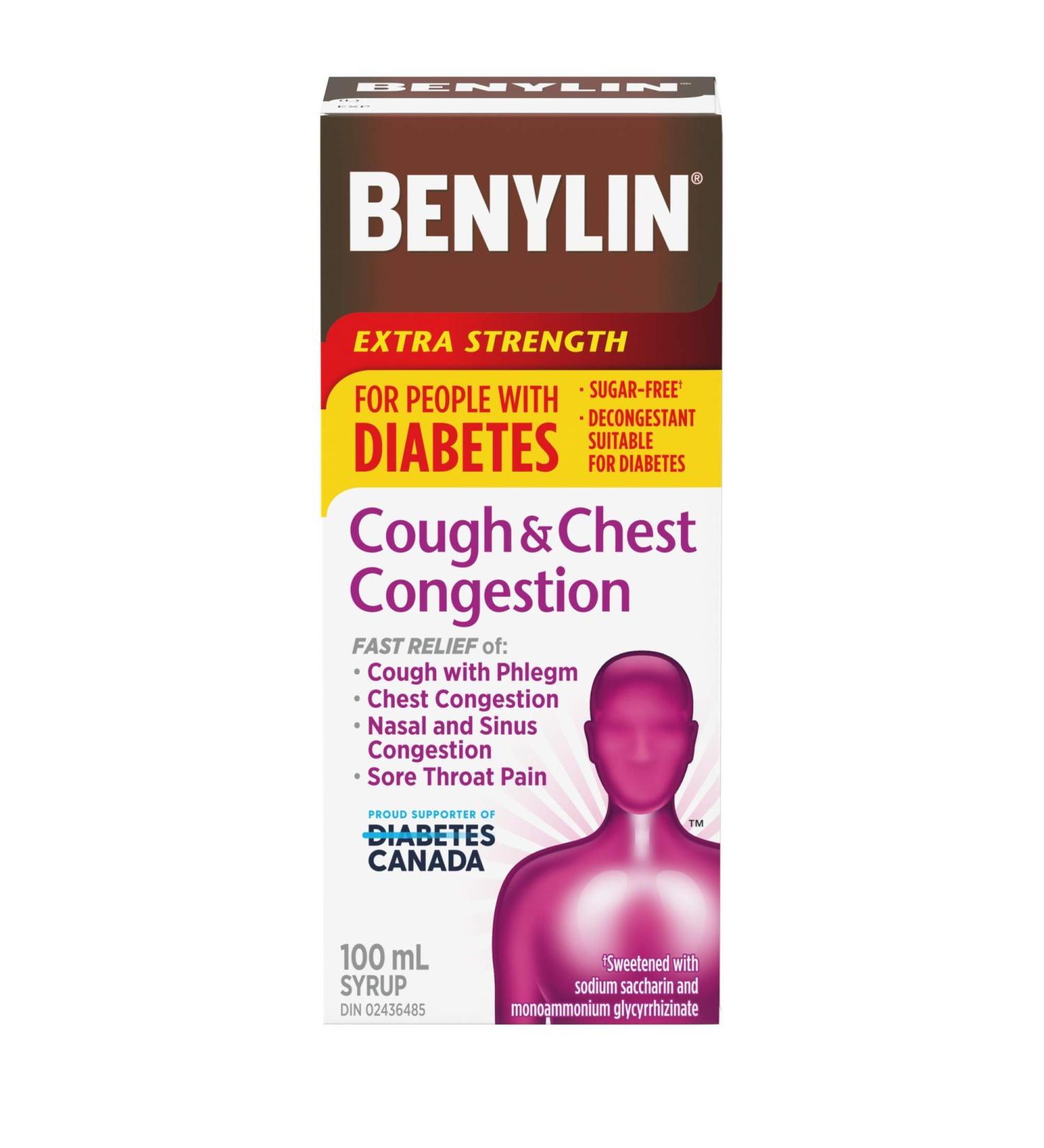 BENYLIN Extra Strength Cough and Chest Congestion Syrup Suitable for People with Diabetes Sucrose Free Relieves Cough and Nasal Congestion 100mL Sore Throat & Cough (Diabetes) 100 ml (Pack of 1) - Buy Online on GoSupps.com