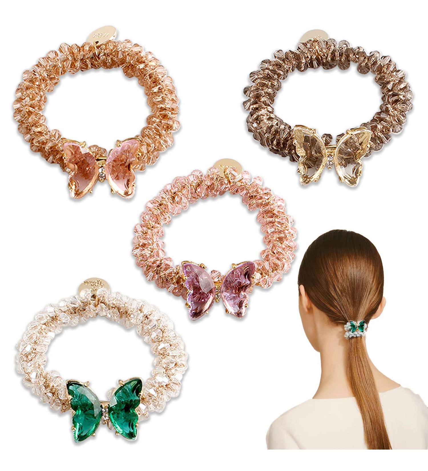 Elegant 4Pcs Butterfly Rhinestone Hair Ties for Women and Girls - Crystal Rhinestone Hair Accessories - Buy Online on GoSupps.com