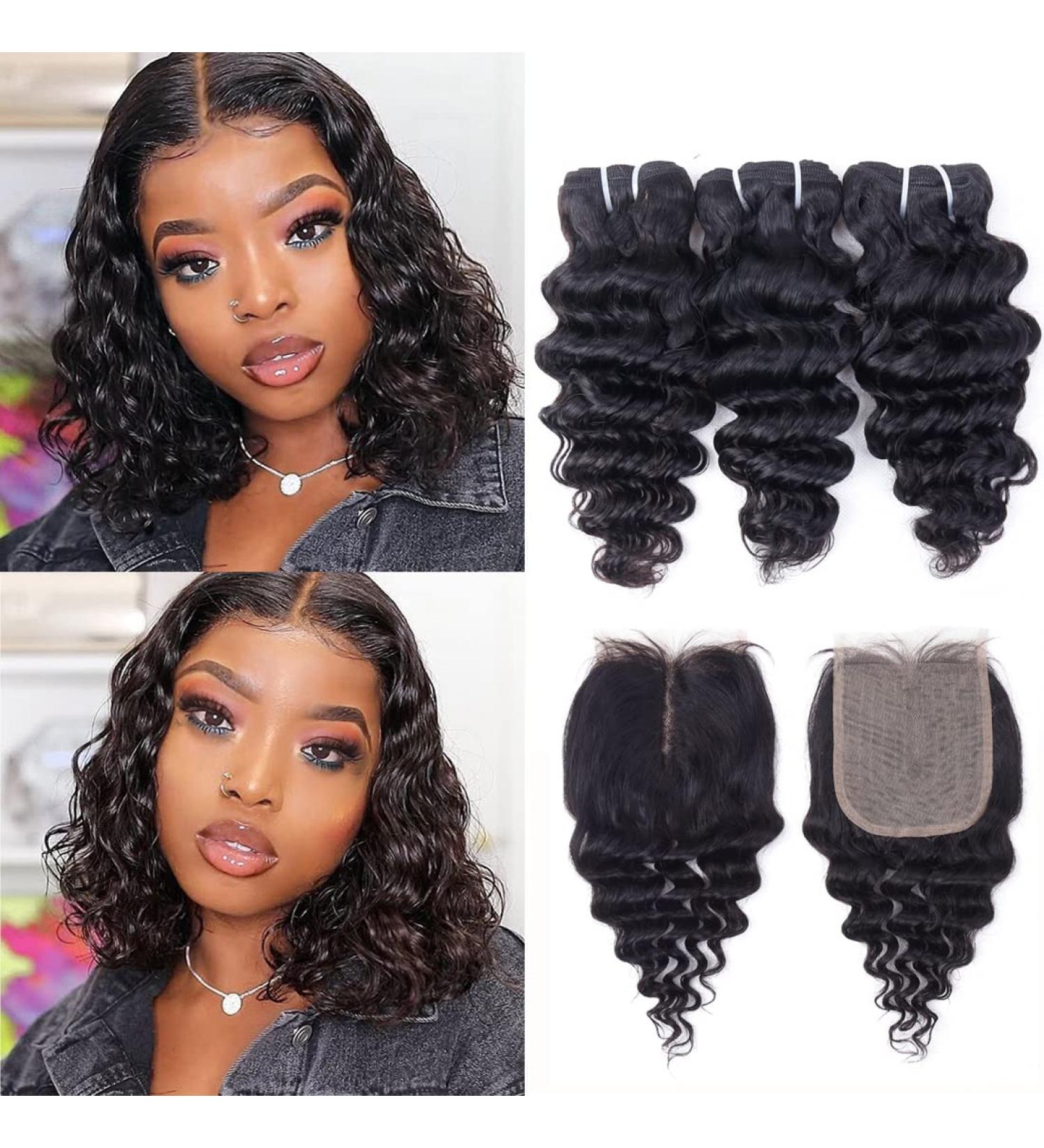 Brazilian Deep Wave Bundles with Closure - 3 Bundles + Lace Closure | Wet and Wavy Human Hair | Middle Part 4x1 Hand-Tied Closure | 10 10 10 + 10 Inch Bundle - Buy Online on GoSupps.com