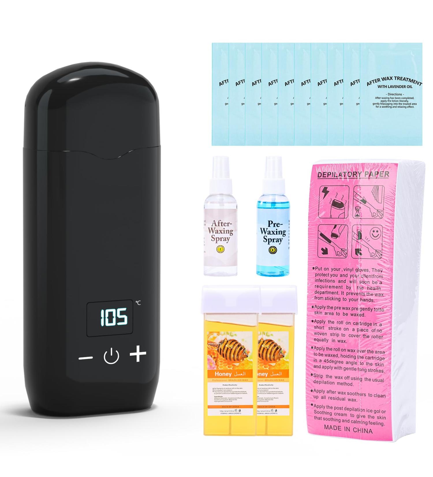 Topdirect Roll On Waxing Set - Hair Removal Kit with 2 Honey Cartridges Spray 100 Strips & 10 Oil - Ideal for Sensitive Skin | International Shipping Available - Buy Online on GoSupps.com