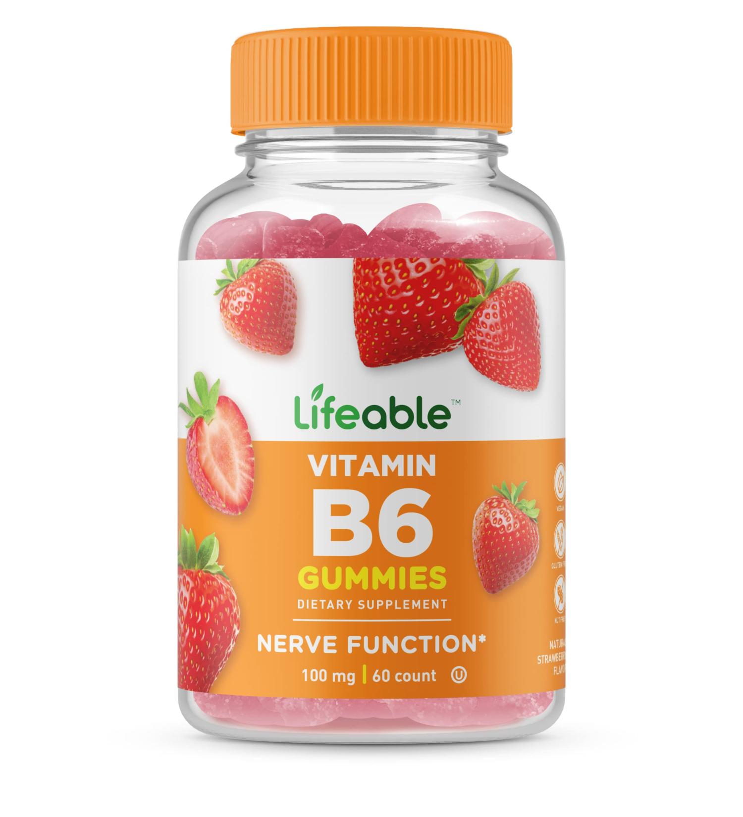Lifeable Vitamin B6 100mg Gummy Supplement - Natural Flavor, Non-GMO, Gluten Free - Nerve Function Support for Adults, Men, Women, Kids - 60 Gummies - Buy Online on GoSupps.com
