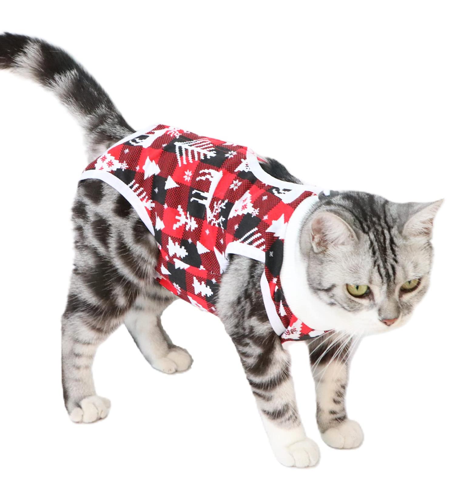 Mairbero Cat Recovery Pajama Suit | Anti-Licking Wounds | Breathable Pet Clothing for Cats & Dogs | Ideal After Surgery Wear | Christmas Red - Buy Online on GoSupps.com
