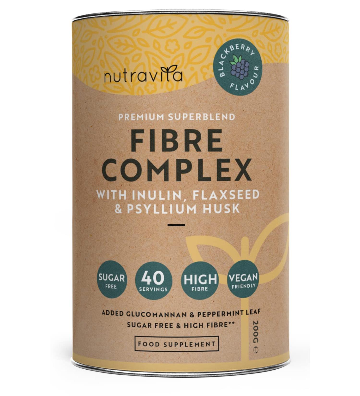 Nutravita Fibre Complex Powder - BlackBerry Flavour | Vegan Supplement with Inulin, Flaxseed & Psyllium Husk - Supports Daily Rhythm & Gut Health - Buy Online on GoSupps.com