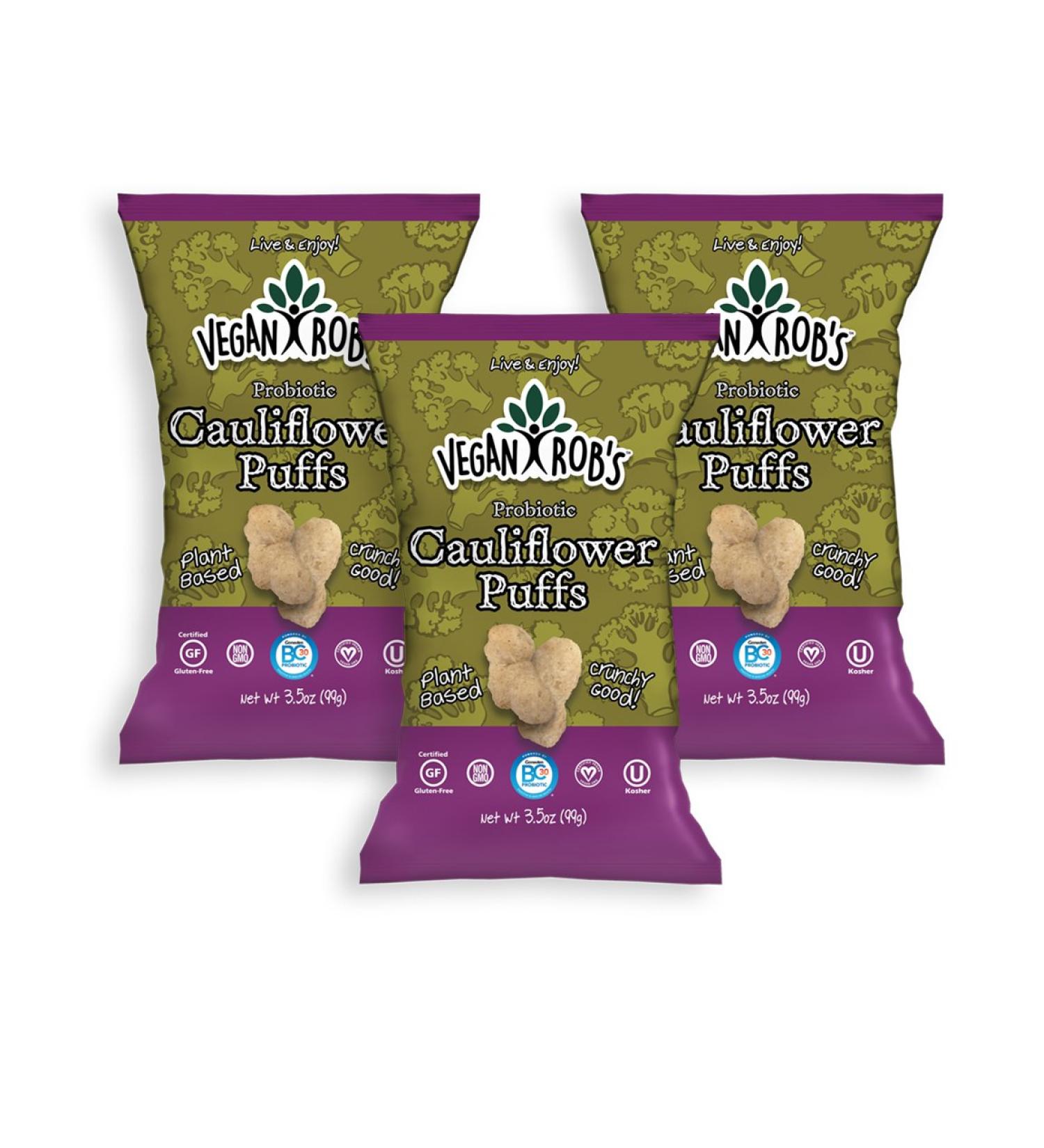 Vegan Rob's Plant Based Probiotic Cauliflower Puffs Certified Gluten Free Kosher(OU) Kosher 3.5 oz - 3 pack