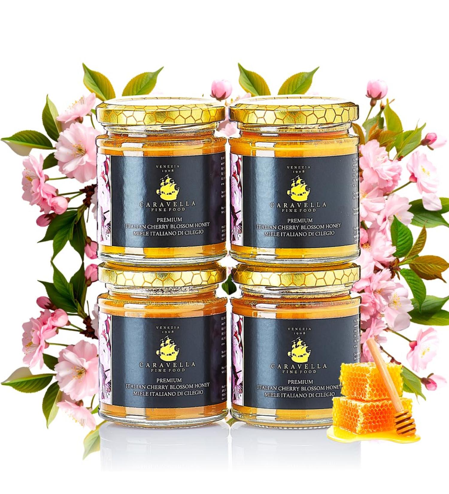 4x Cherry Blossom Honey 250g Caravella Fine Food Italian Spring Blossom Pure Raw Light amber colored with fruity floral notes Rich in antioxidants and vitamins Ideal for tea Cheese Breakfast - Buy Online on GoSupps.com