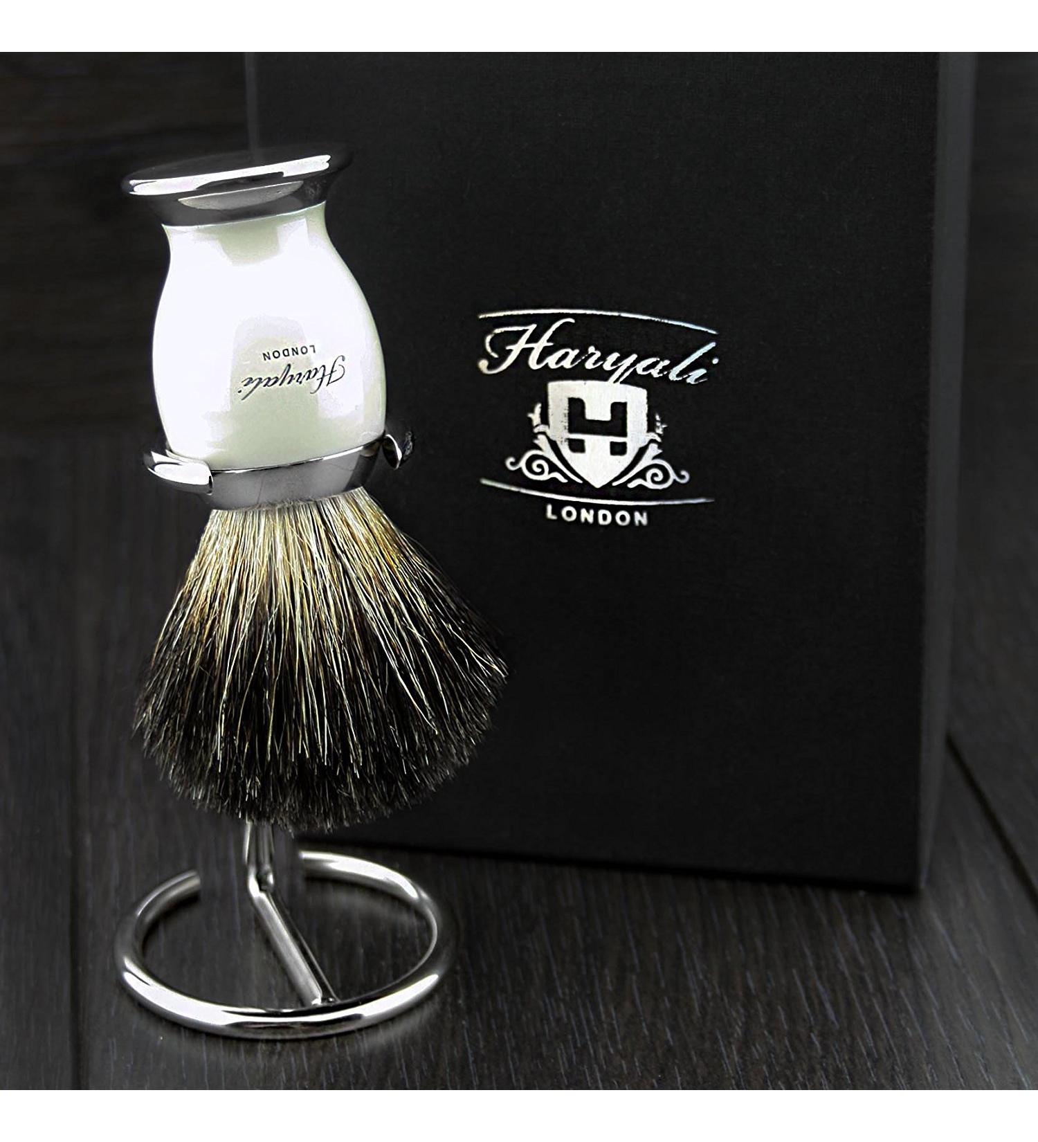 PURE BLACK BADGER HAIR SHAVING BRUSH WITH IVORY & METAL BASE FOR MEN & STAINLESS STEEL BRUSH/HOLDER CHROME FINISH.