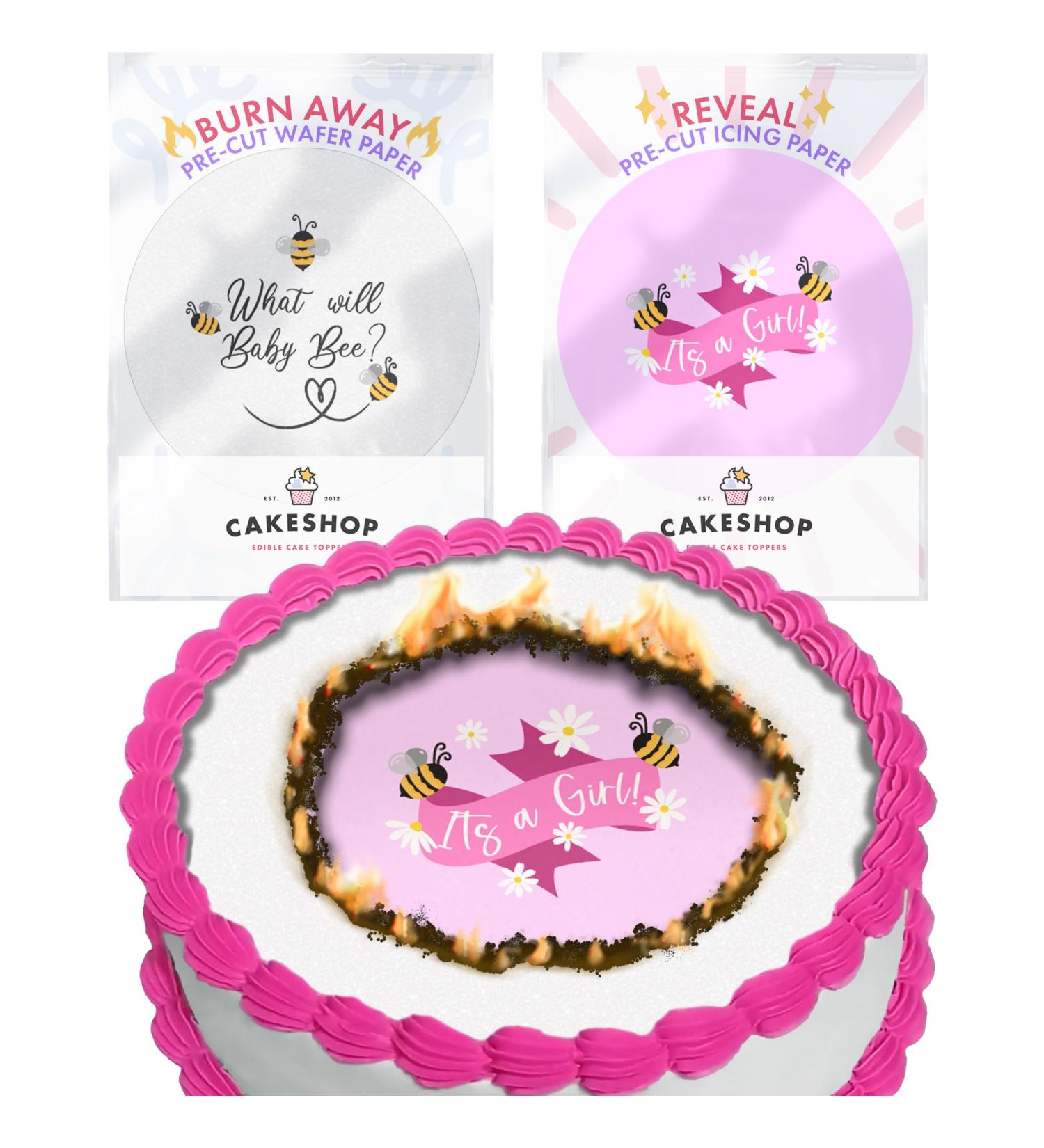 Cakeshop Burn Away Edible Cake Topper Pack | 1 x Icing sheet & 1 x Wafer Sheet | Cute it s a Girl Gender Reveal Bee Theme | Personalise With Your Custom Text | Multiple Shapes & Sizes to Choose Prime