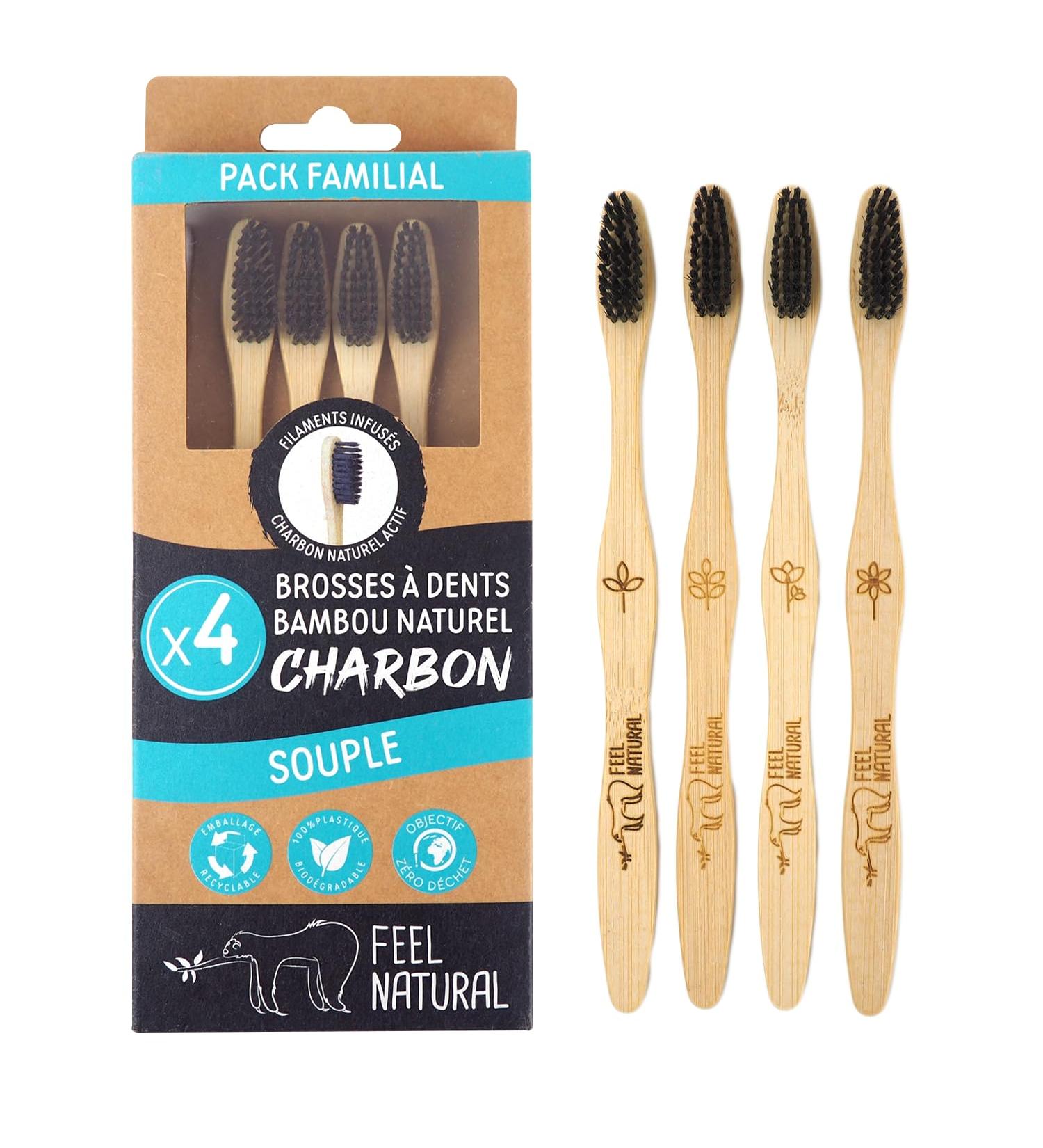 Feel Natural Charcoal Toothbrushes - Soft Bristles 4-Pack | Eco-Friendly & Gentle Cleaning - Buy Online on GoSupps.com