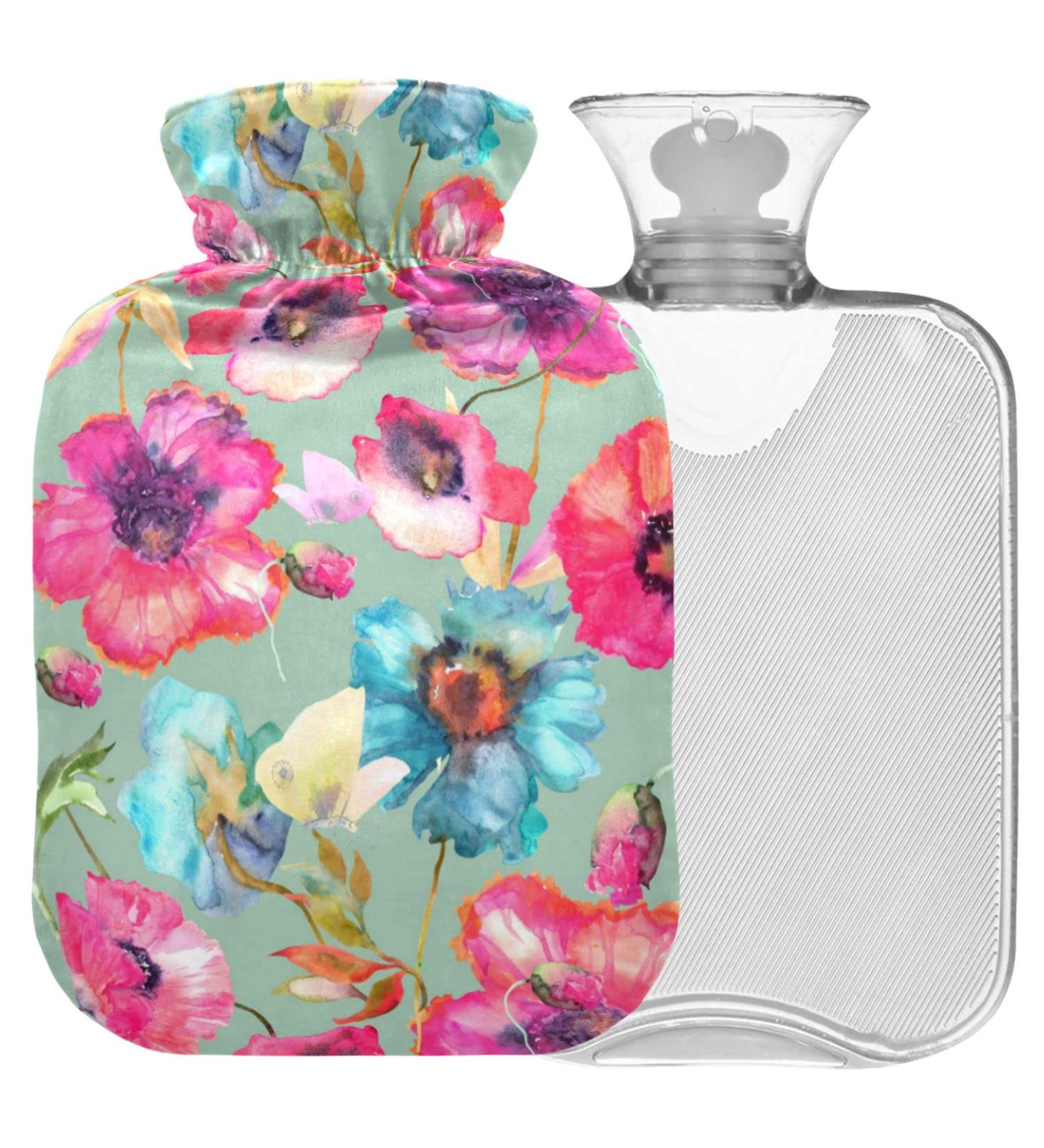 Naanle Poppy Flowers Hot Water Bottle - 1L Transparent for Warm & Cold Therapy | Bed/Hand/Foot Heat Pain Relief - Buy Online on GoSupps.com