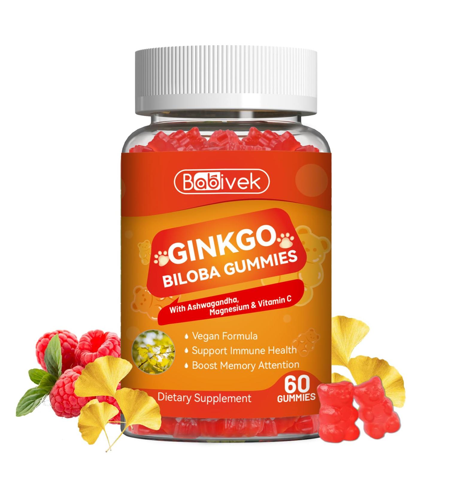 Babivek Ginkgo Biloba Gummies with Ashwagandha Vitamin C & Magnesium - Vegan Non-GMO Gluten-Free - Raspberry Flavor 60 Count - Buy Online on GoSupps.com