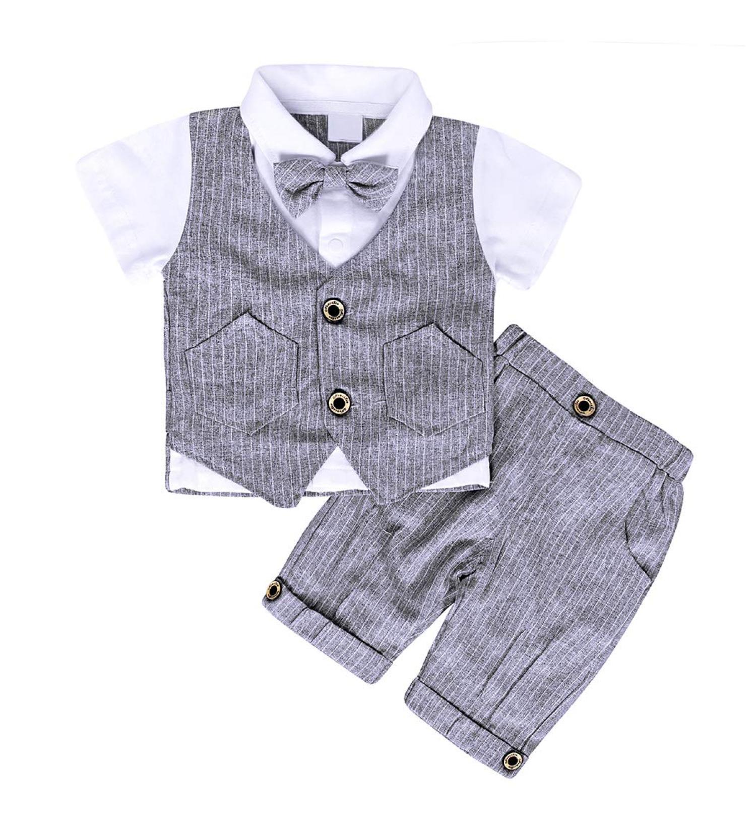 AmzBarley Baby Boys Gentlemans Tuxedo Rompers Suit in Grey | Kids Formal Outfit with Shirt, Pants, Vest, and Bowtie | 1-2 Years - Buy Online on GoSupps.com