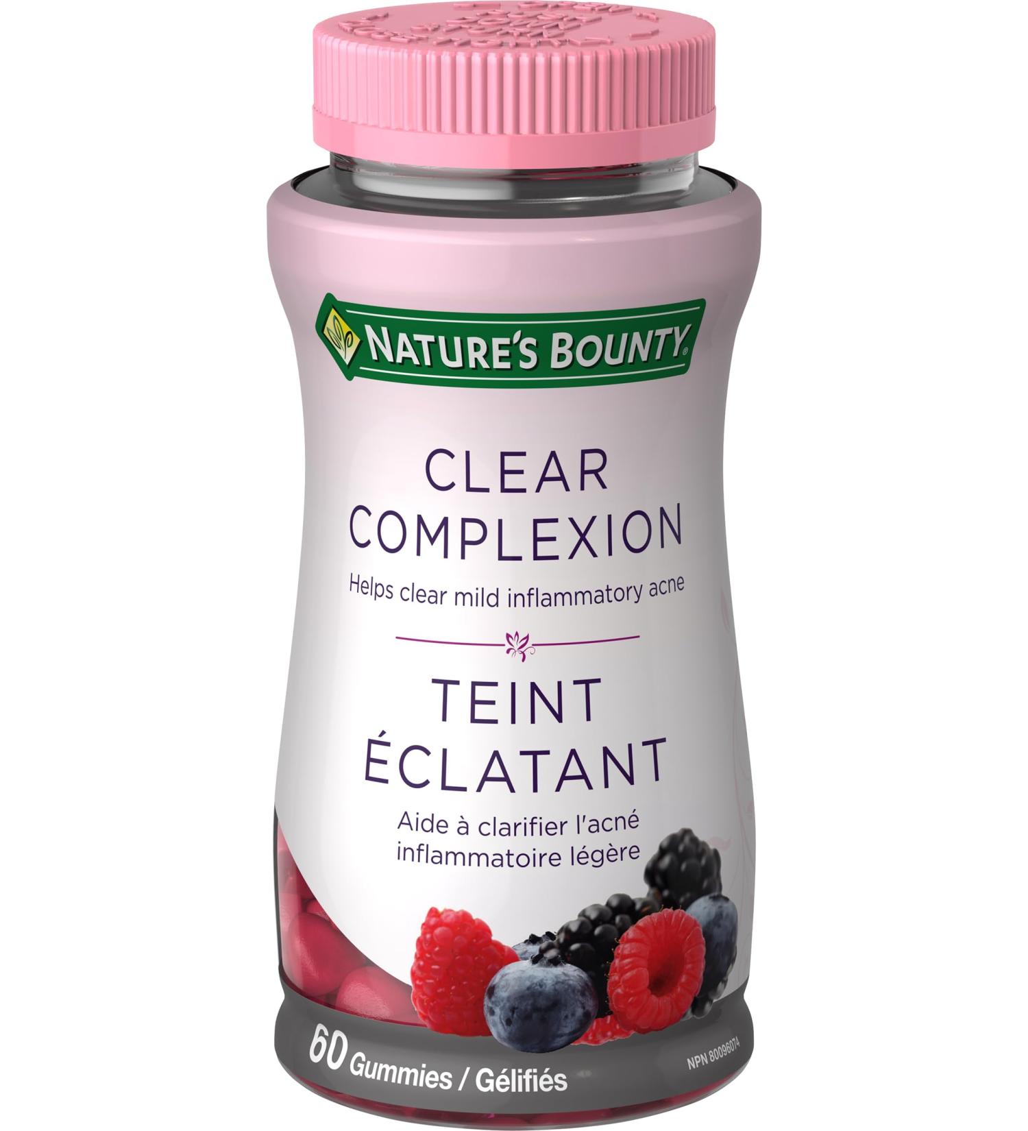 Nature's Bounty Clear Complexion Helps improve mild inflammatory acne pimples Contains Zinc Mixed Berry Flavour 60 Gummies - Buy Online on GoSupps.com