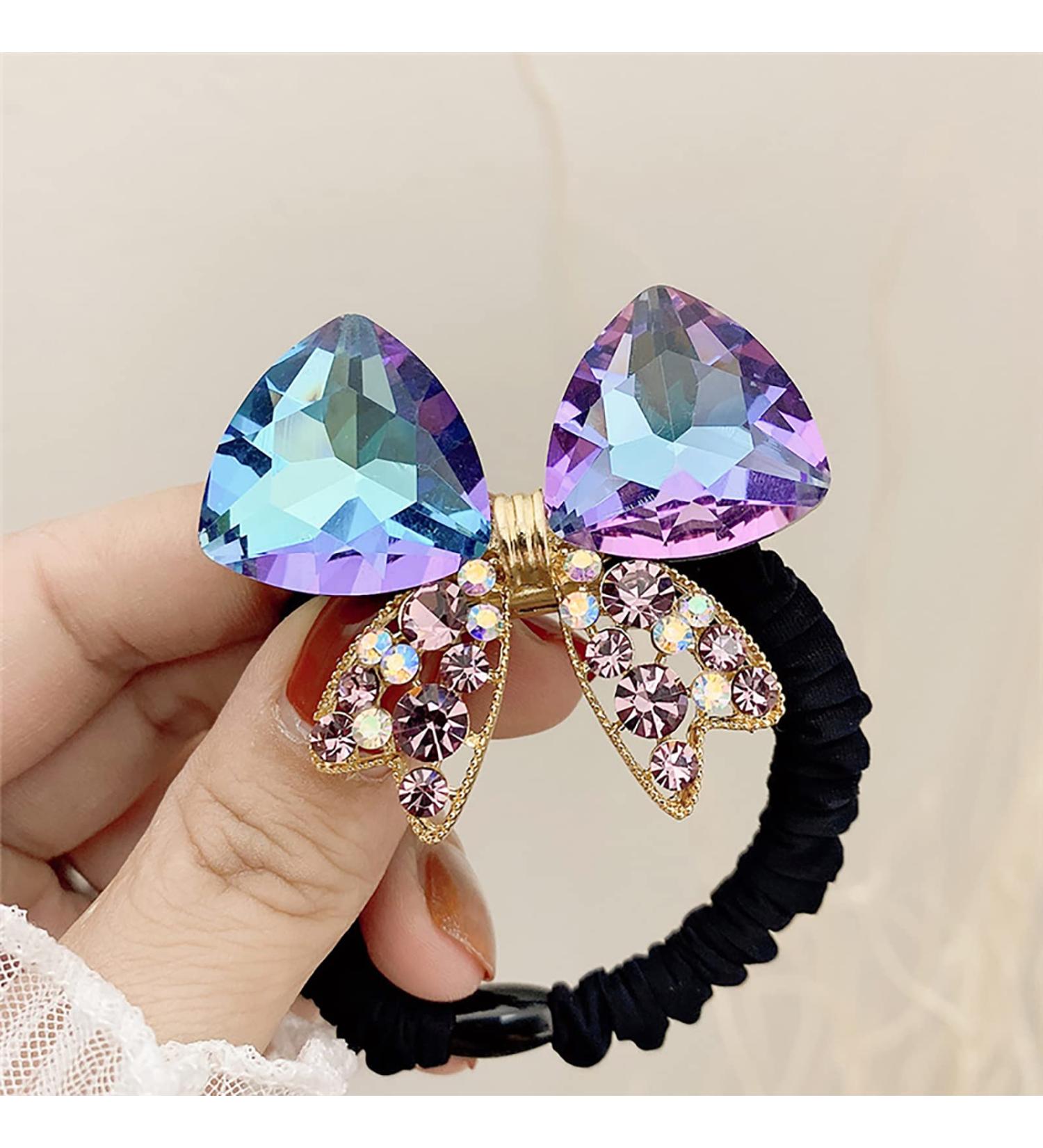 LaMignonne Glitter Purple Rhinestone Hair Tie with Bowknot for Women and Girls - Elastic Ponytail Holder Hair Accessory - Buy Online on GoSupps.com