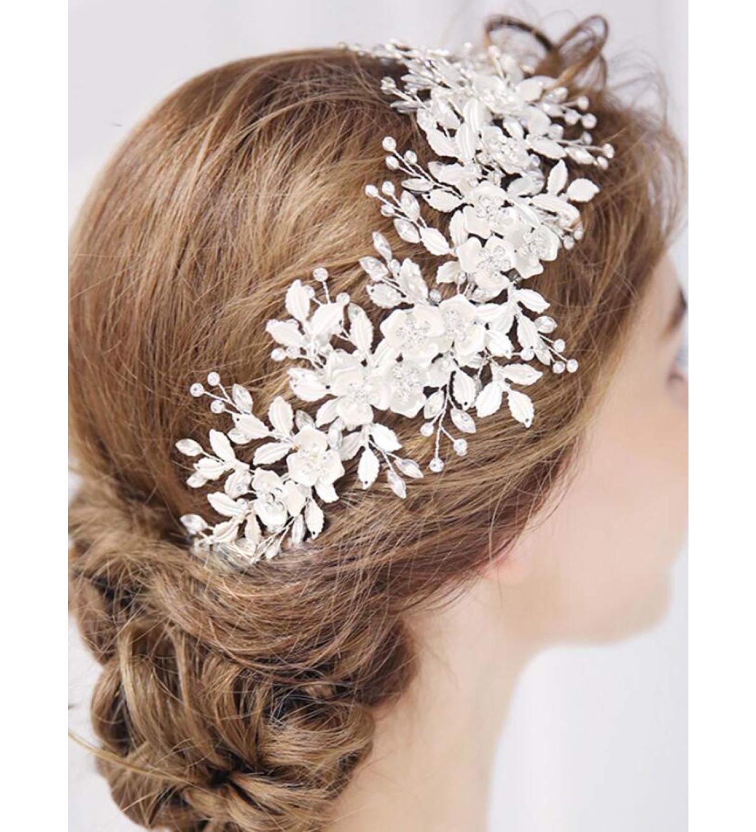 Anglacesmade Bridal Headband Leaves and Flower Hair Vine Crystal Tiara Crown for Wedding Hair Accessories for Women and Girls (Silver) - Buy Online on GoSupps.com