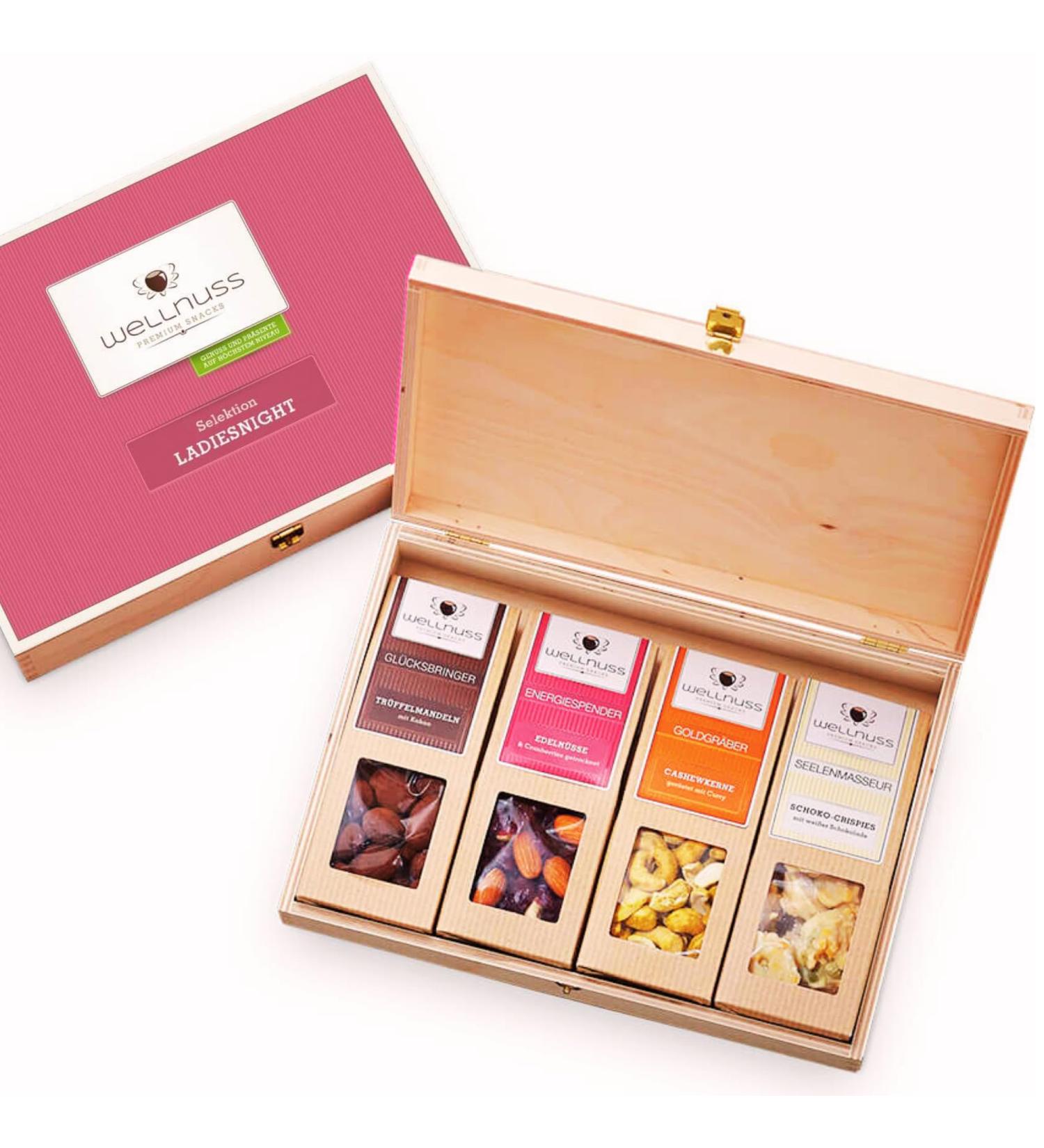 Wellnuss Ladies Night Premium Gift Set for Women | High-Quality Birch Wood Box | 4 Exceptional Nut & Chocolate Snacks | Perfect Delicacy Gift for Girlfriend & Mother - Buy Online on GoSupps.com