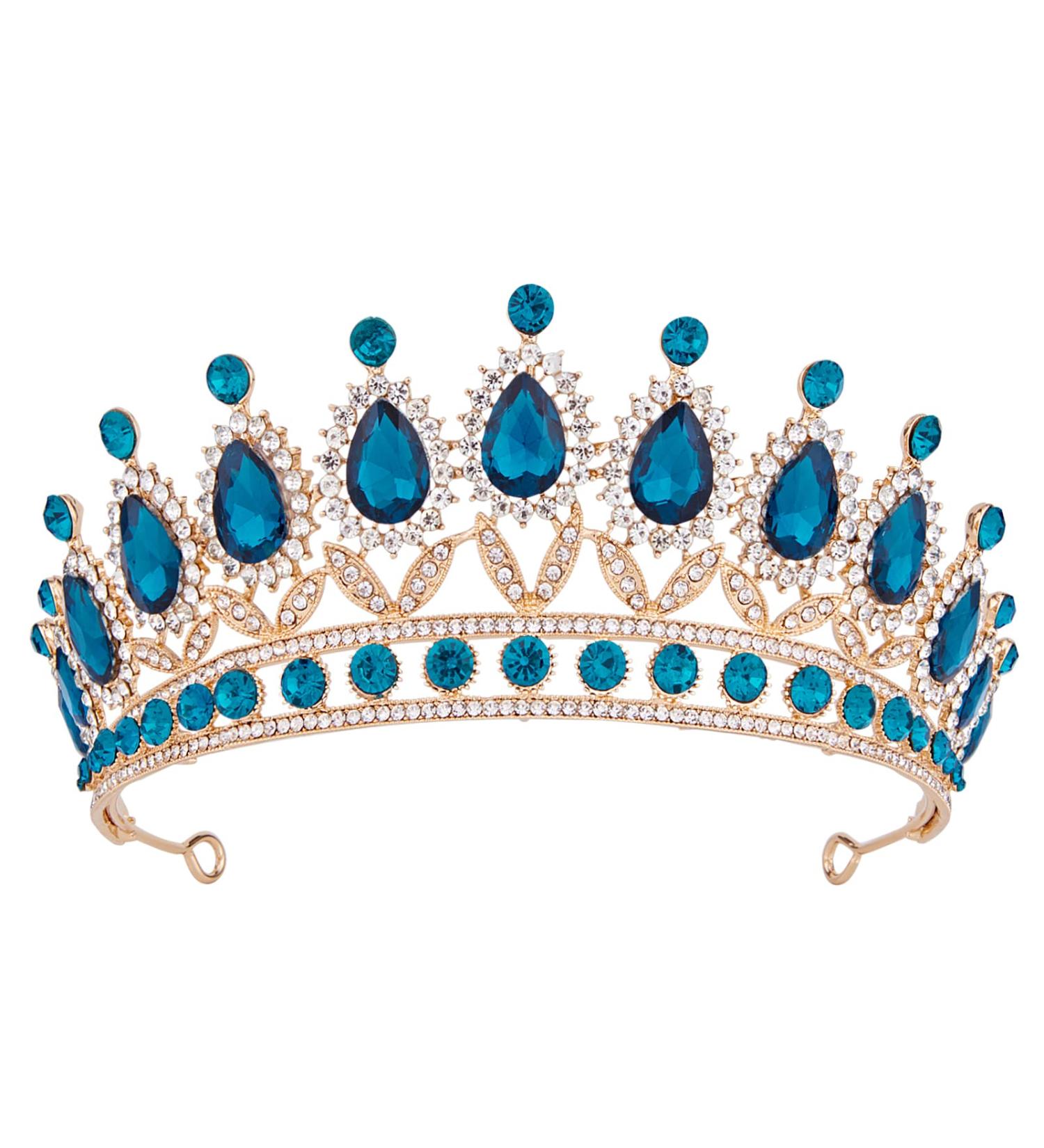 Vofler Gold Tiara with Teal Blue Crystal - Royal Queen Rhinestone Headpiece for Women and Girls | Perfect for Weddings, Prom, Pageants, and Parties - Buy Online on GoSupps.com