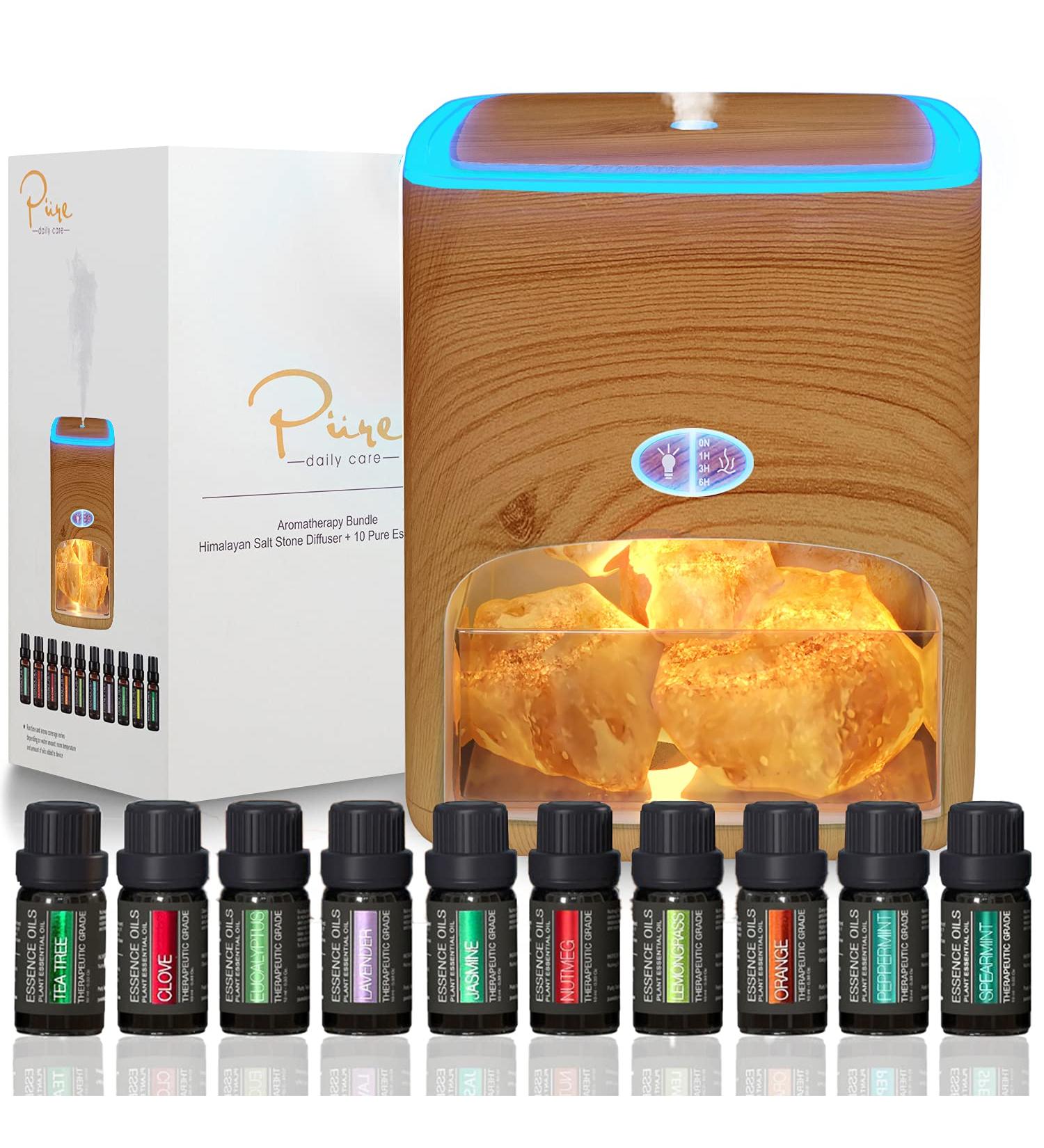 Himalayan Pink Salt Diffuser & 10 Essential Oils - 2-in-1 Therapeutic Device | Aromatherapy & Ionic Salt Therapy | 400ml Ultrasonic Vaporizer with Ambient Glow - Buy Online on GoSupps.com
